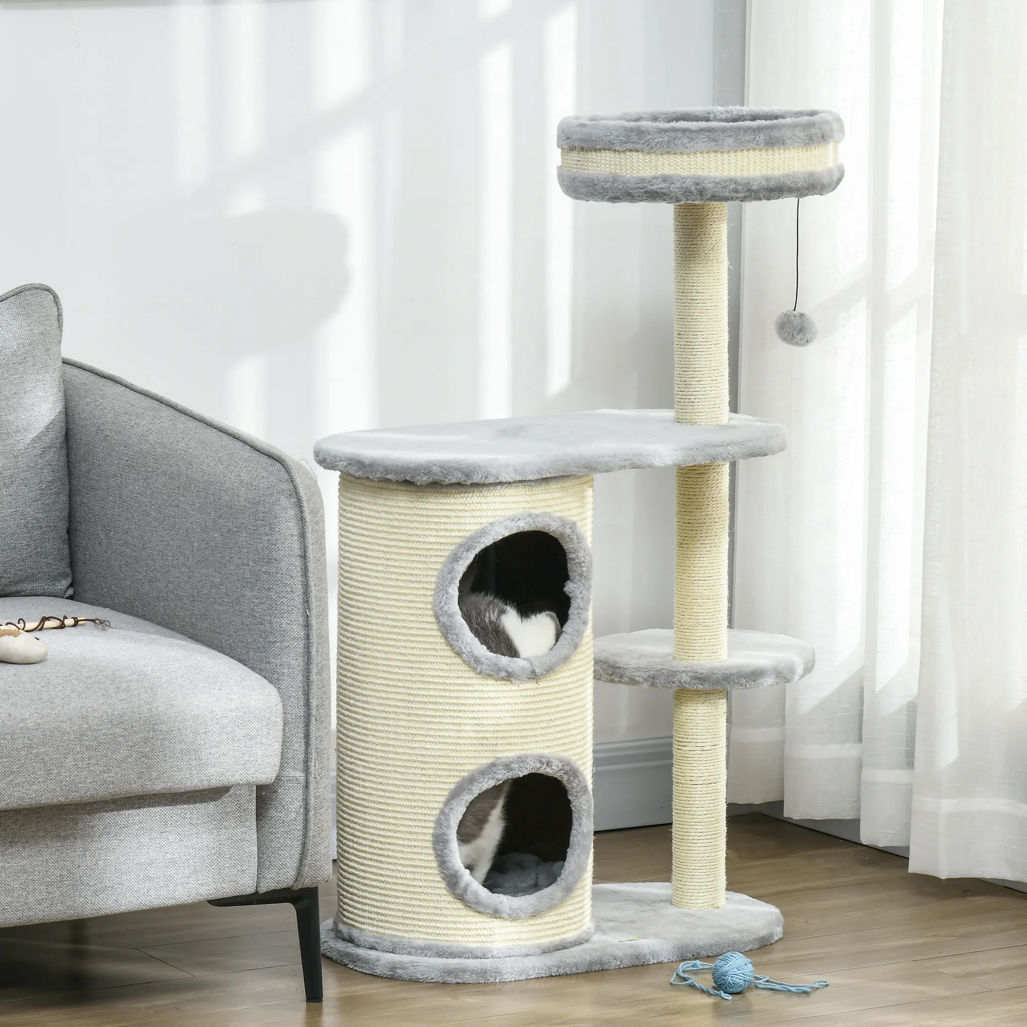 Katzenkratzbaum Grau 59L x 35B x 100H cm mit Katzenbett