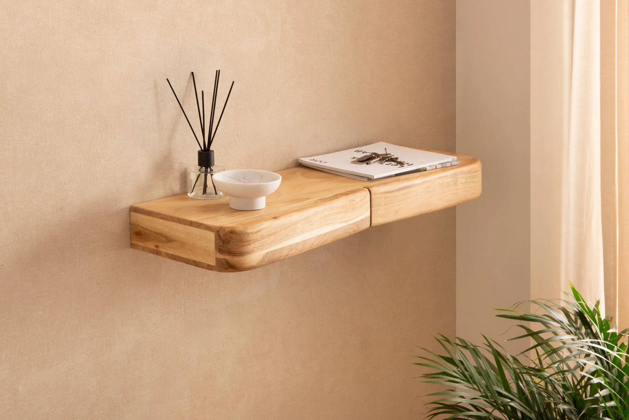 Wandregal Akazie Massivholz 80cm mit zwei Schubladen - Design Regal für die Wand - Holz Wandboard mit Stauraum - Schwebendes Hängeregal aus Echtholz