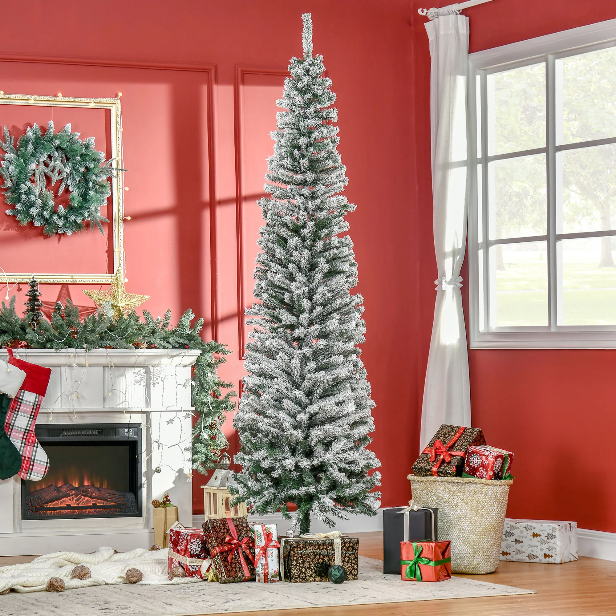 Künstlicher Weihnachtsbaum 225 cm Bleistift Kiefernbaum mit Schnee, 738 Spitzen für drinnen