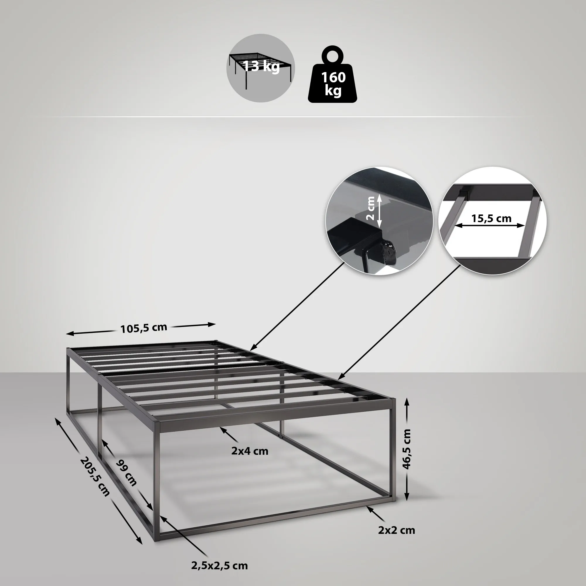 Metallbett Scala 105,5 x 205,5 x 46,5 cm schwarz