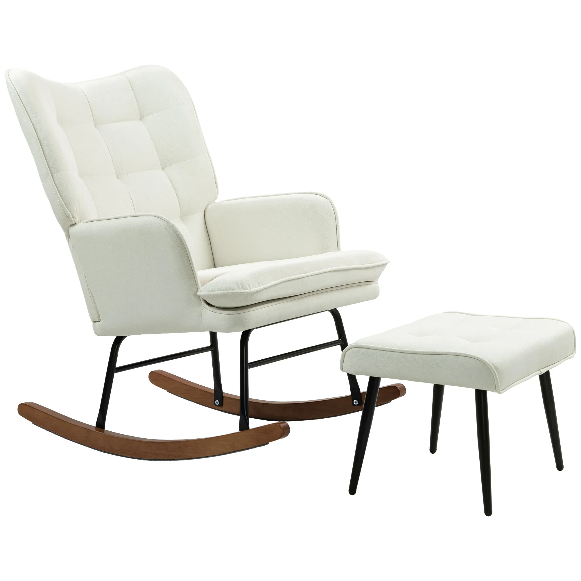 Schaukelstuhl mit Hocker, sanftes Schaukelsystem, Leinenimitat, 64 x 89 x 90 cm, Cremeweiß