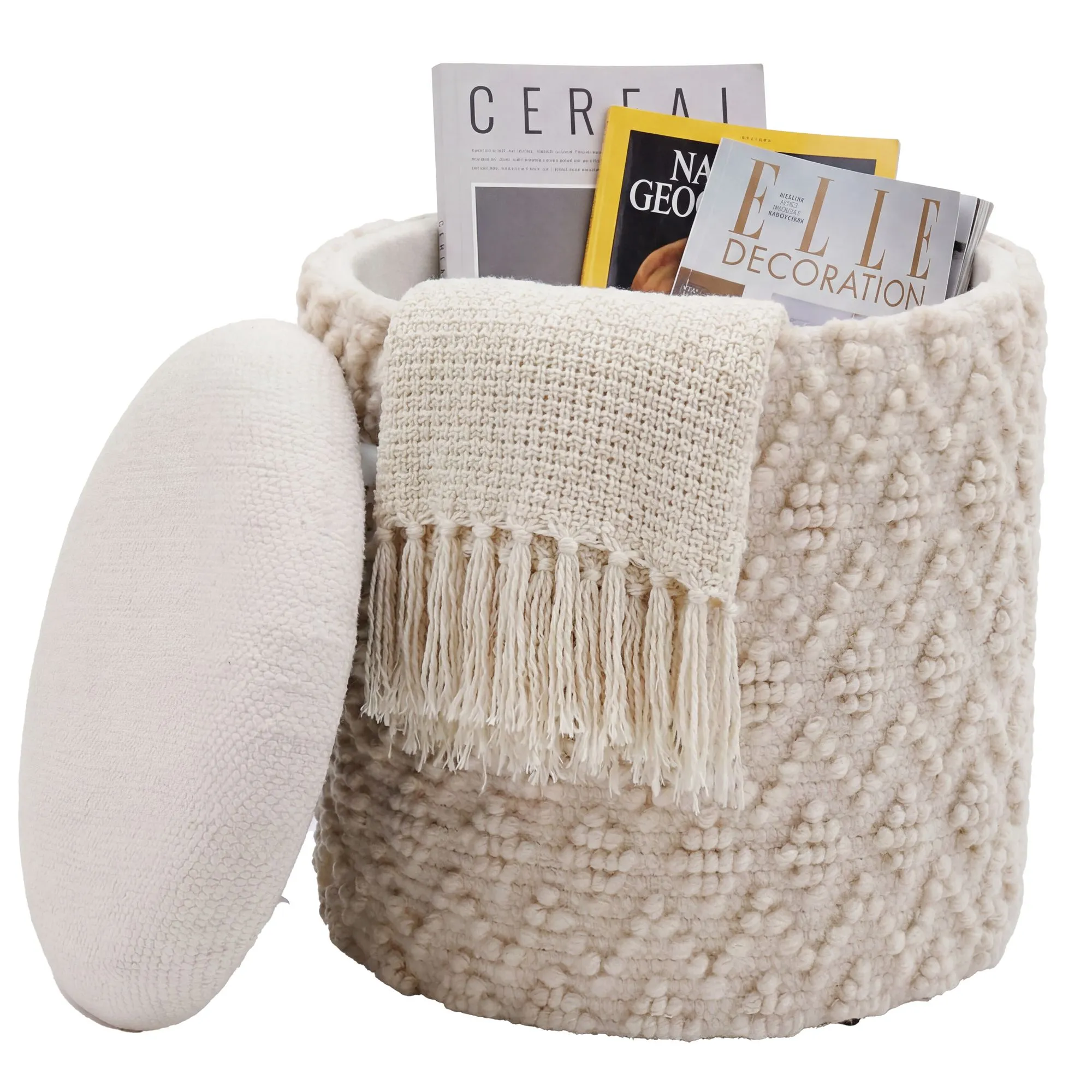 Sitzhocker mit Stauraum aus Wolle 40cm Creme Stoff Rund - Design Boho Stoffhocker mit abnehmbarem Deckel - Polsterhocker Schminktisch Hocker - Beistellhocker für Wohnzimmer Handmade