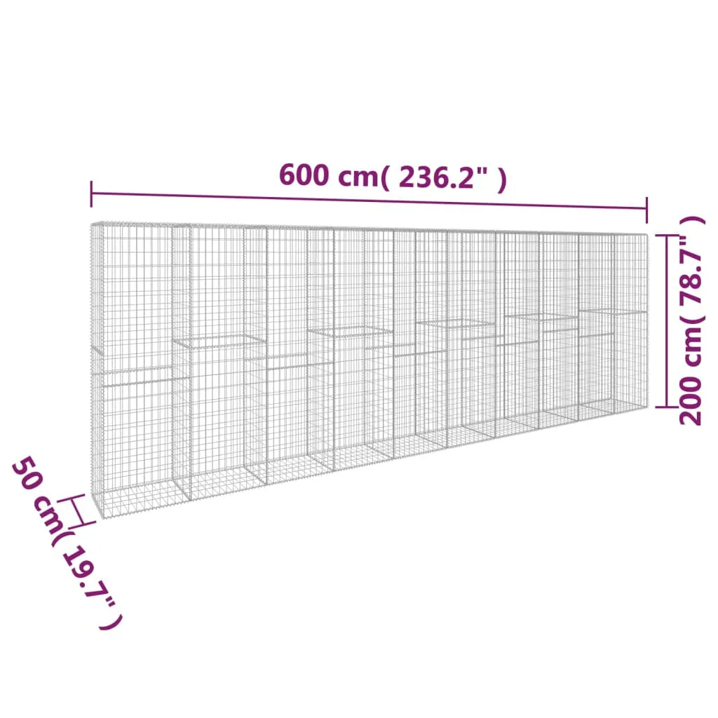Gabionenwand 600x50x200 cm aus verzinktem Stahl in Silber