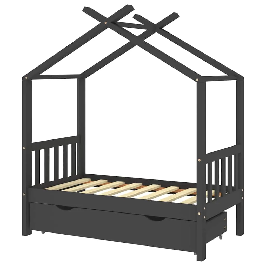 Massivholz Kinderbett Baumhaus mit Schublade 146x77x160 cm Dunkelgrau