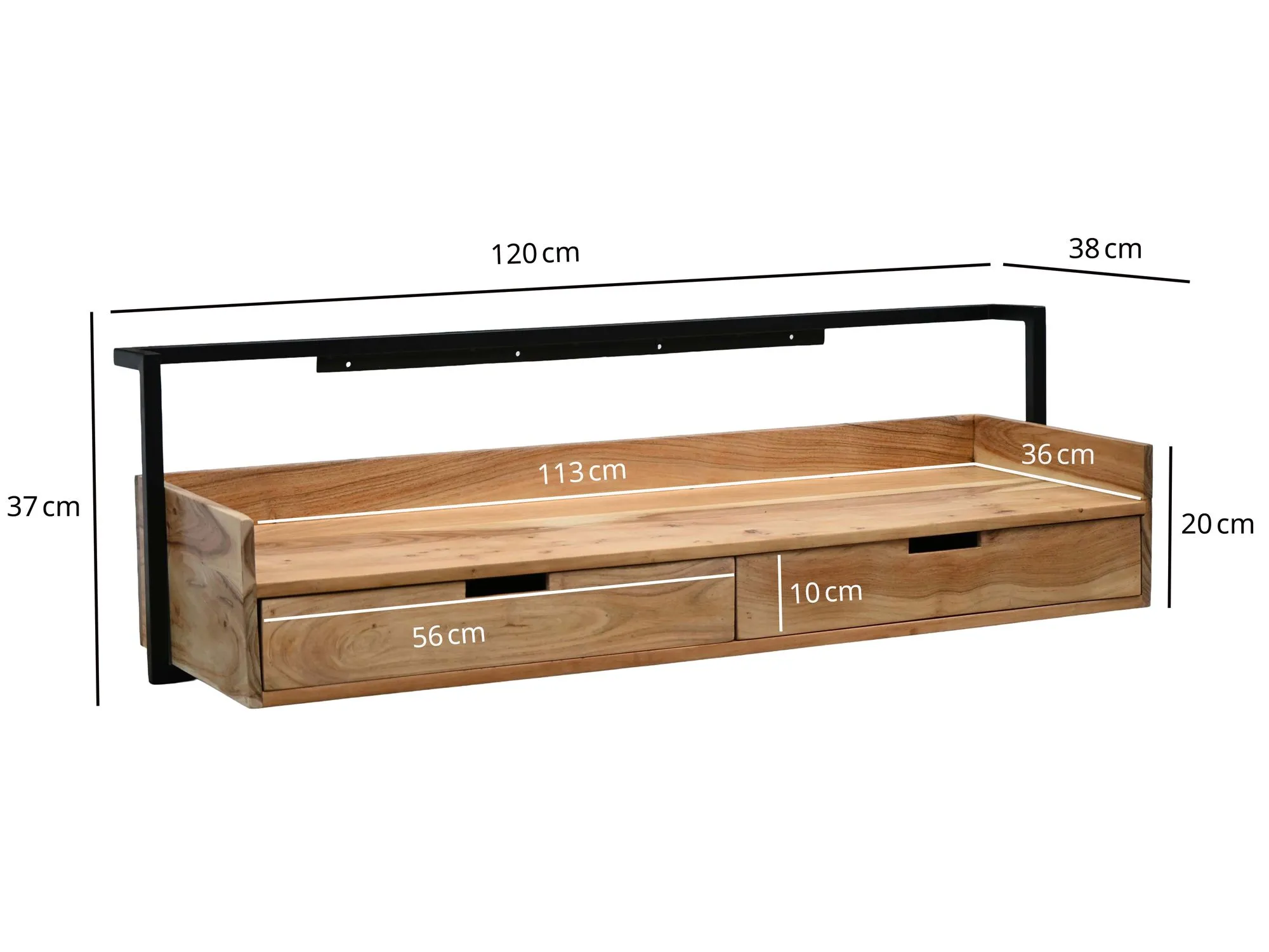 Wandschreibtisch Akazie Massivholz 120cm mit 2 Schubladen - Design Schreibtisch für die Wand Hängend mit Stauraum - Schwebend Handmade