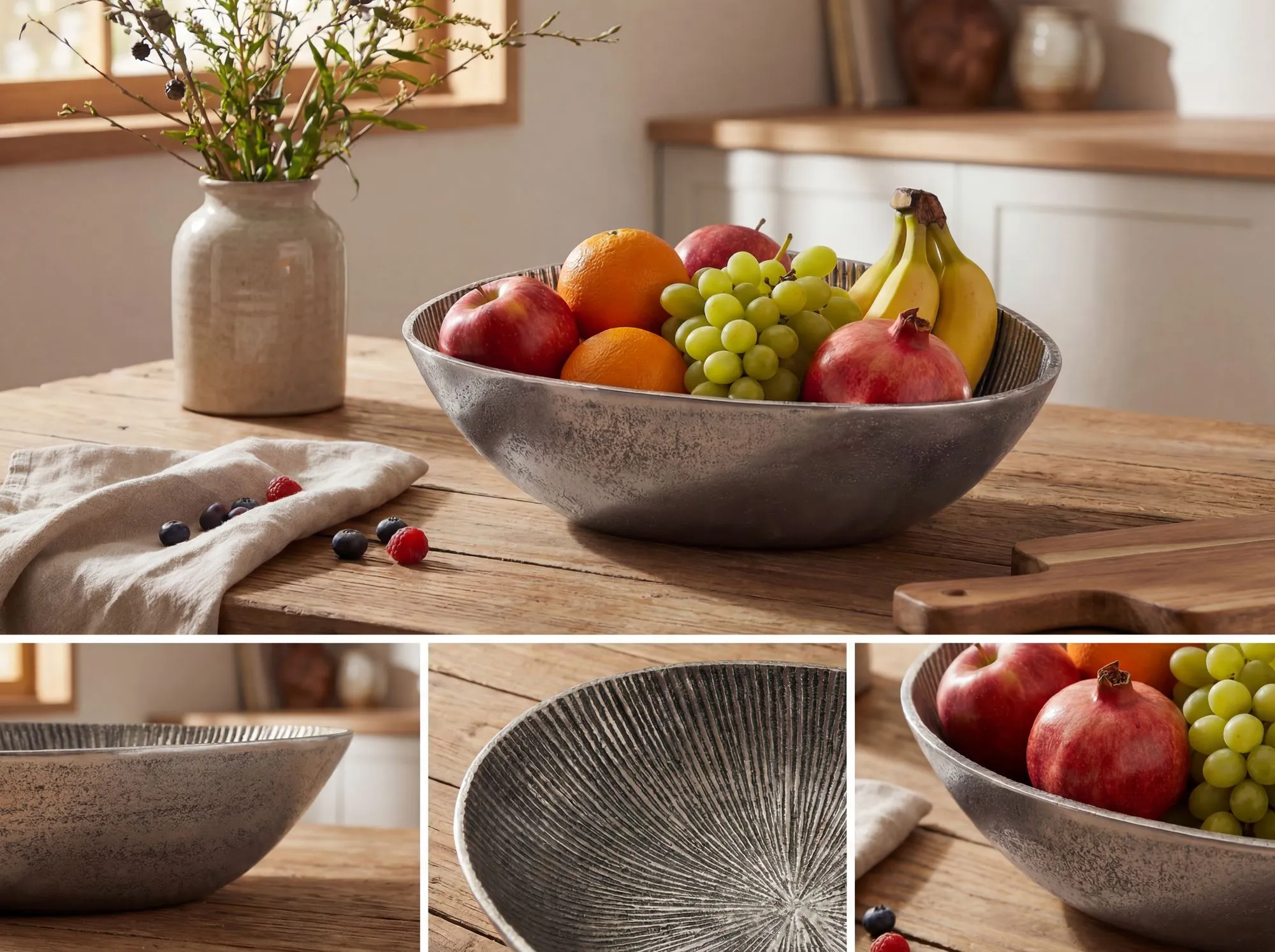 Obstschale Silber Schale Metall 30cm Tischdeko Oval - Moderner Obstkorb Rillen-Design aus Aluminium - Elegante Metallschale - Alu Früchteschale Handmade
