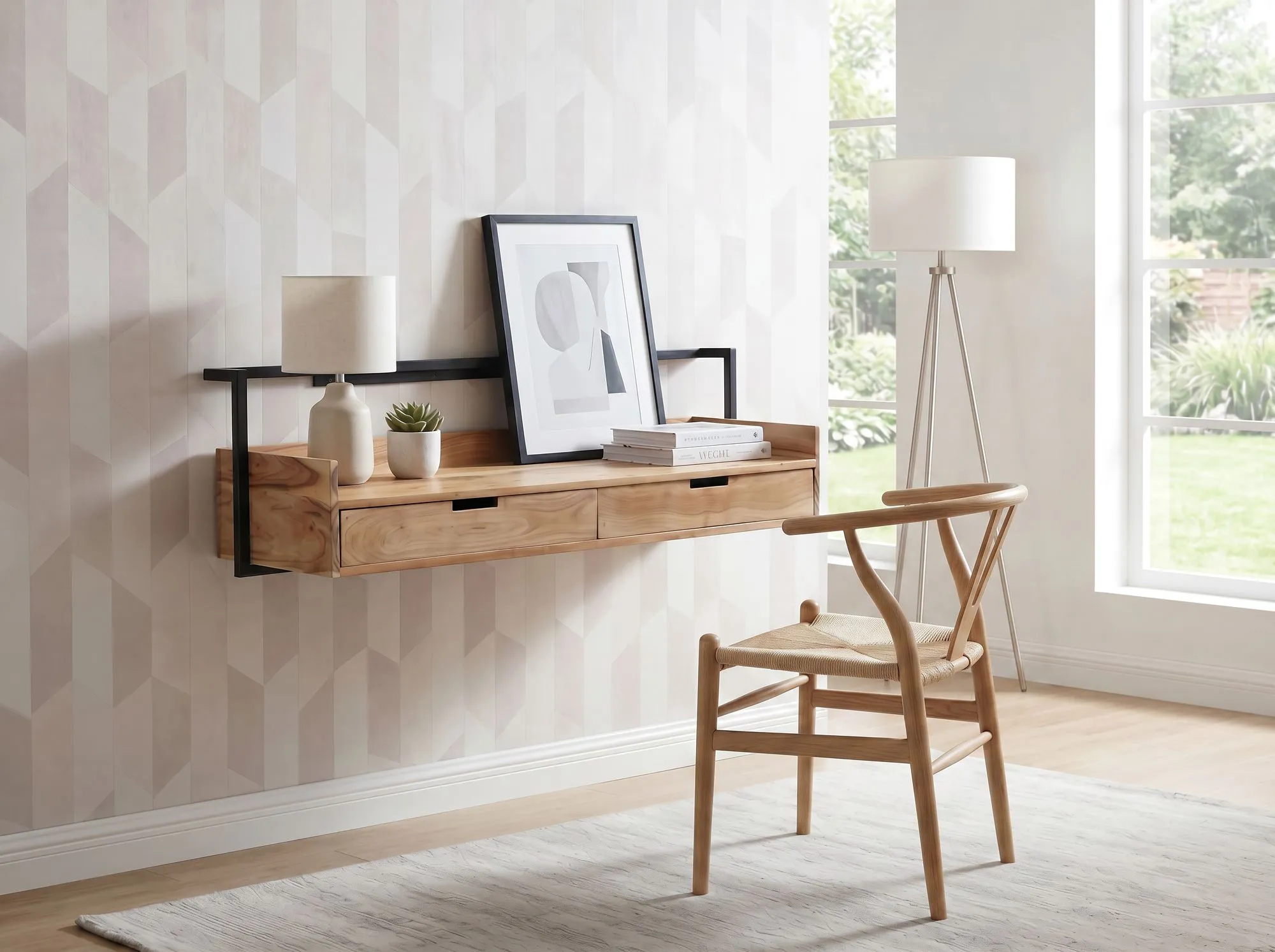 Wandschreibtisch Akazie Massivholz 120cm mit 2 Schubladen - Design Schreibtisch für die Wand Hängend mit Stauraum - Schwebend Handmade