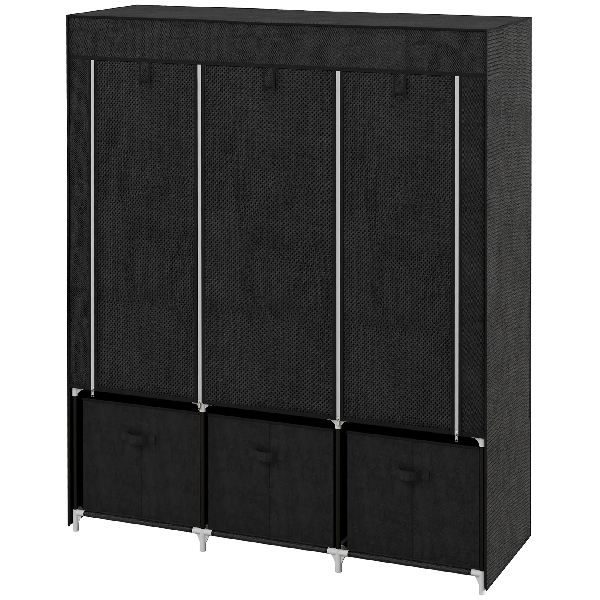Stoffschrank aus Vlies, Faltschrank, inkl. 3 Schubladen, 125 cm x 43 cm x 162,5 cm, Schwarz