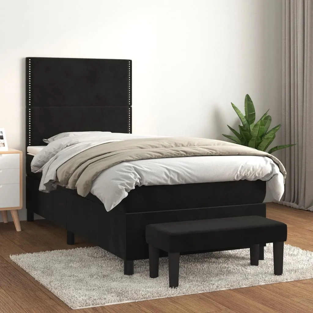 Boxspringbett aus Samt mit Matratze, Auflage und Bank, Schwarz