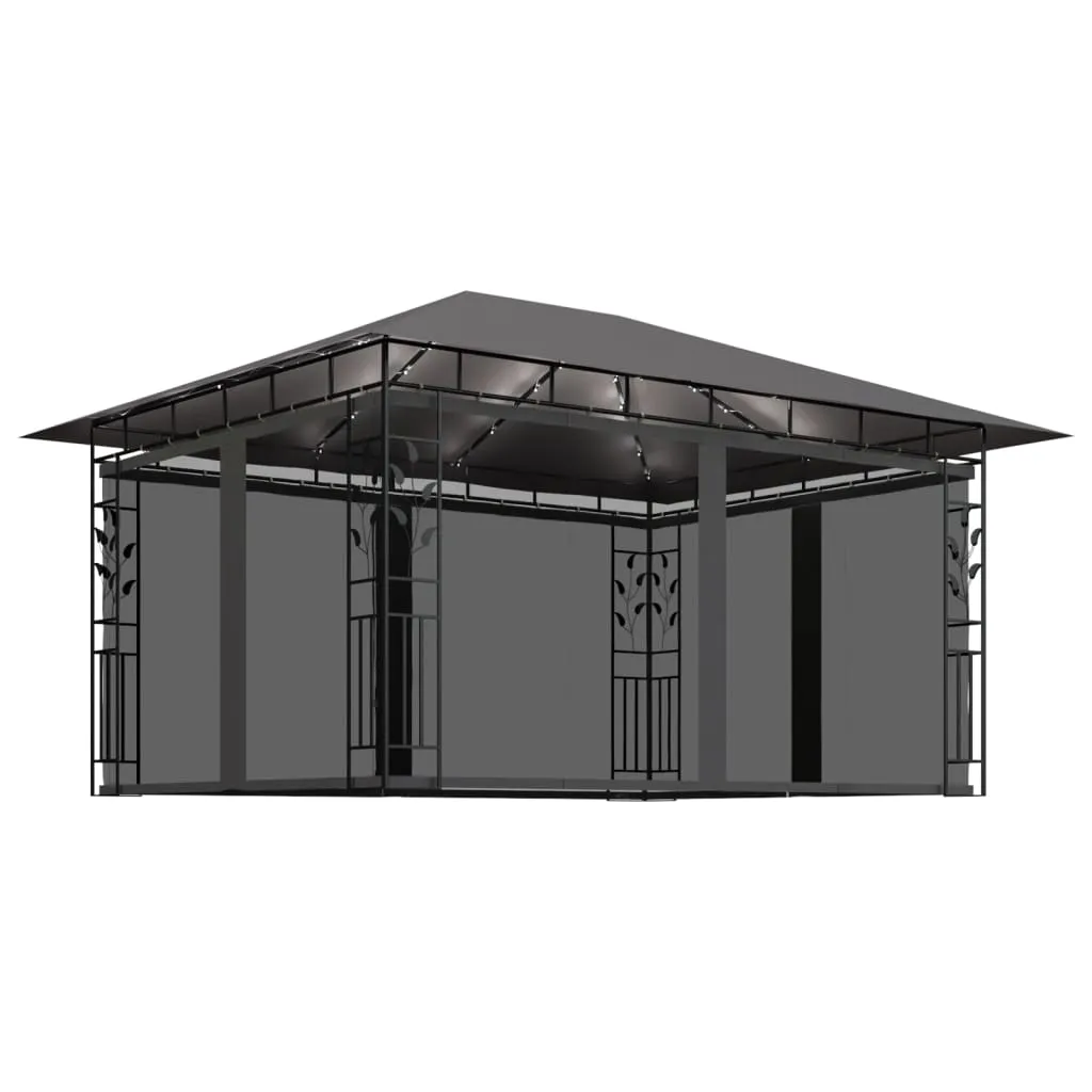 Pavillon Anthrazit 4 x 3 x 2,73 m mit Solar-Lichterkette und Moskitonetz