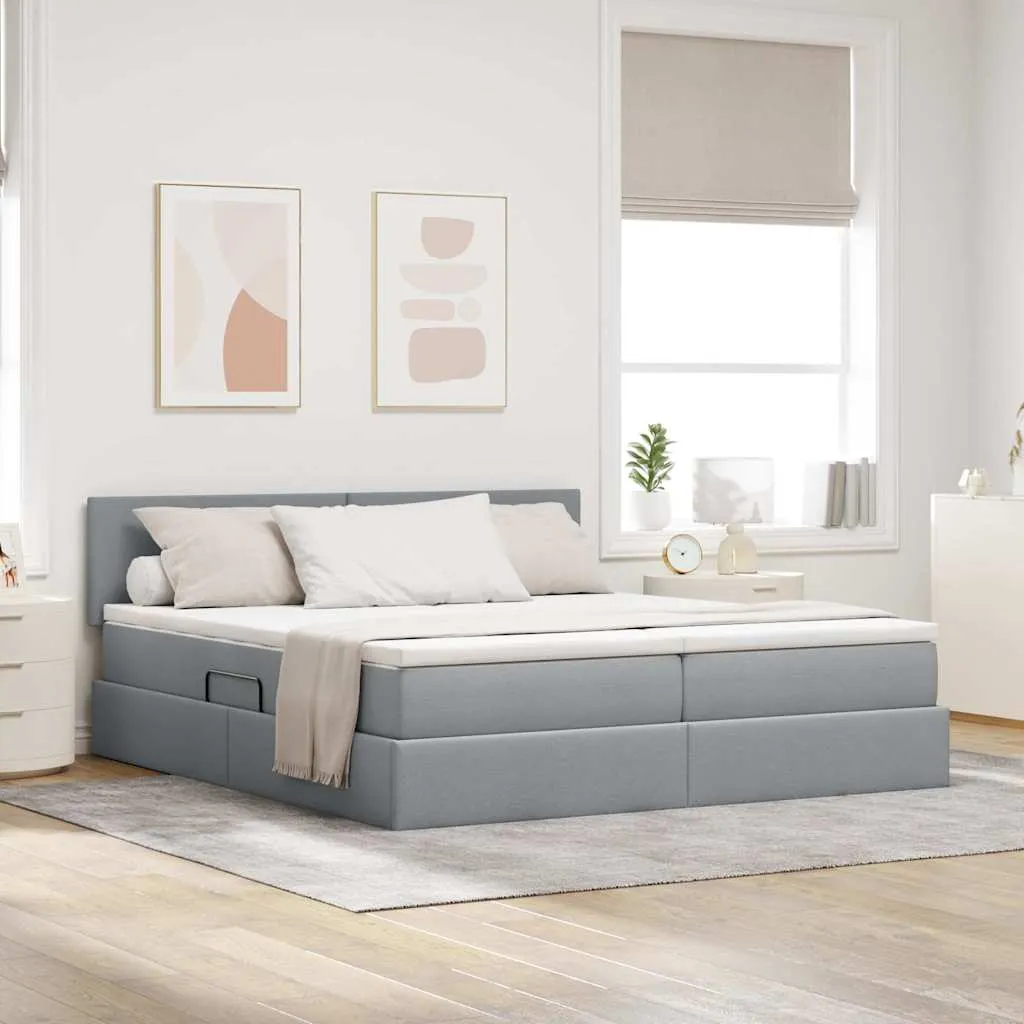 LED-Storage-Bett mit Matratze 204x180x88 cm Hellgrau