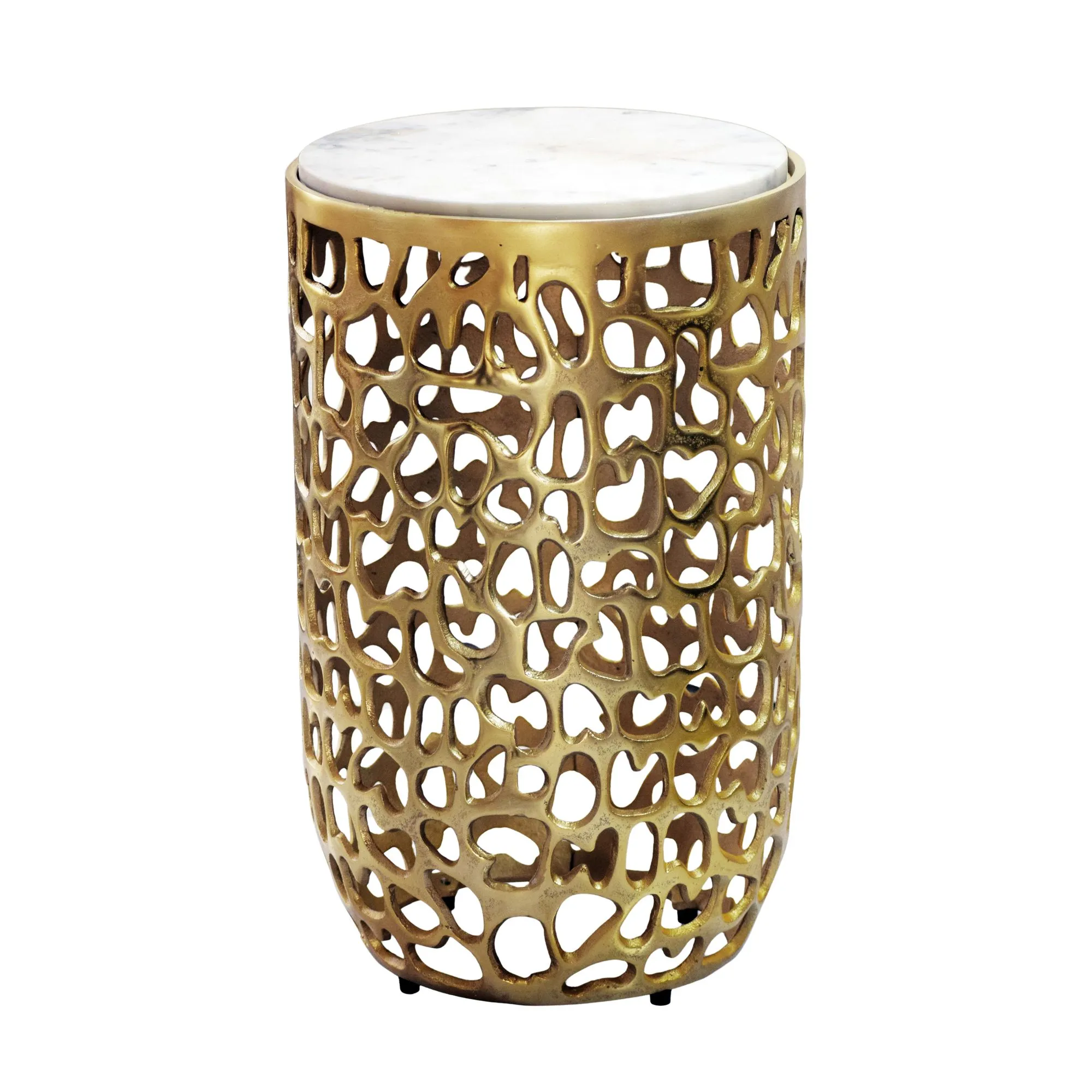 Beistelltisch Aluminium gold rund 30cm – Anstelltisch mit Marmor Tischplatte – Design Metall Couchtisch für Wohnzimmer – runder Wohnzimmertisch modern – Dekotisch Handmade Sofatisch