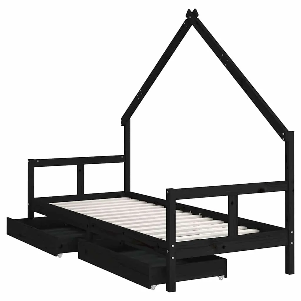 Kinderbett aus massivem Kiefernholz Schwarz 205,5 x 85,5 x 163,5 cm