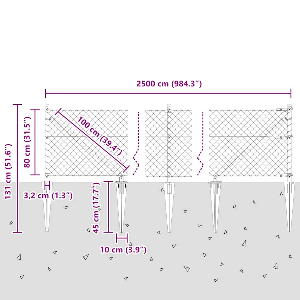 Zaunpfosten Set aus Stahl 2500 x 3,2 x 80 cm Silber