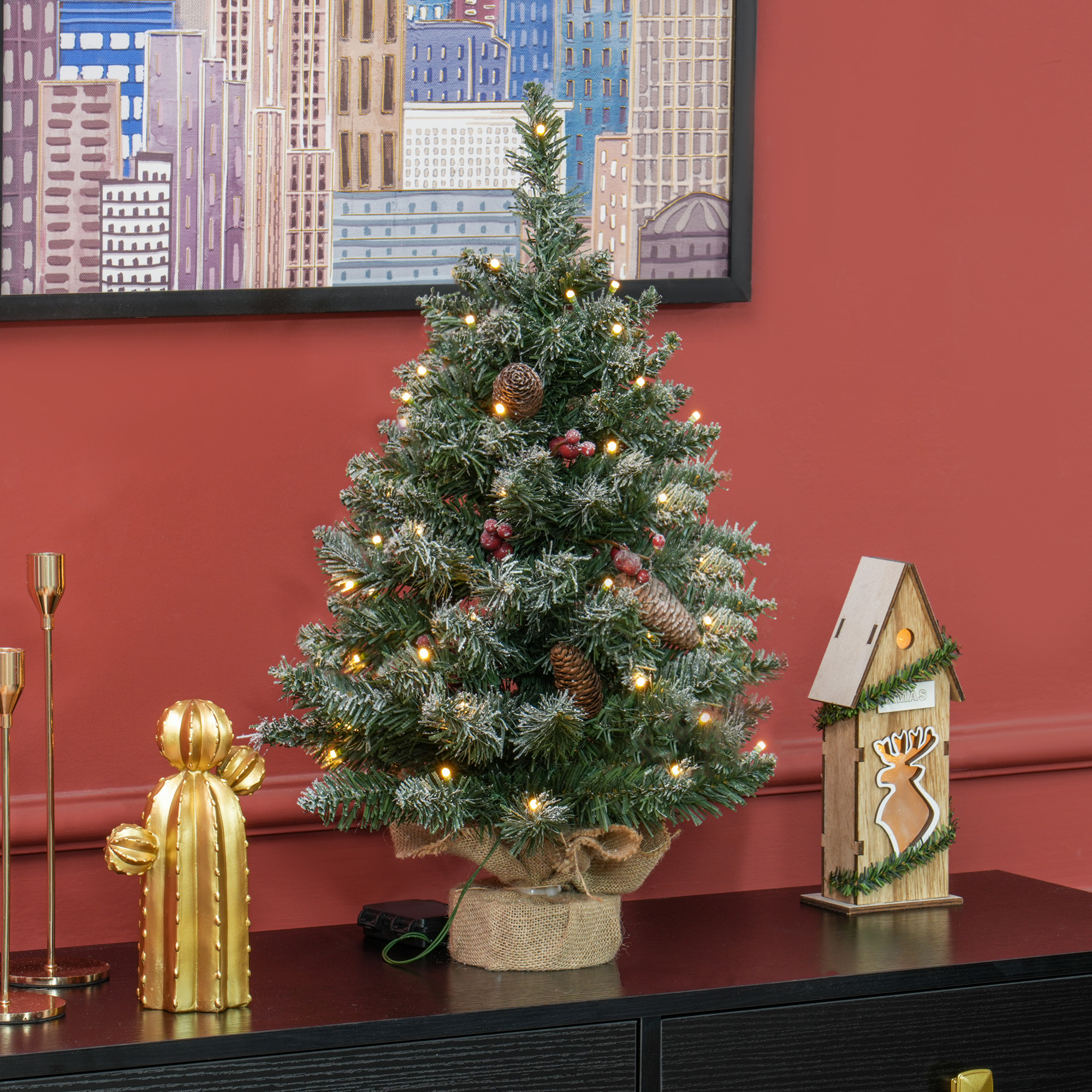 Weihnachtsbaum mit LED-Beleuchtung, 60 cm, Grün/Weiß, Kunststoff