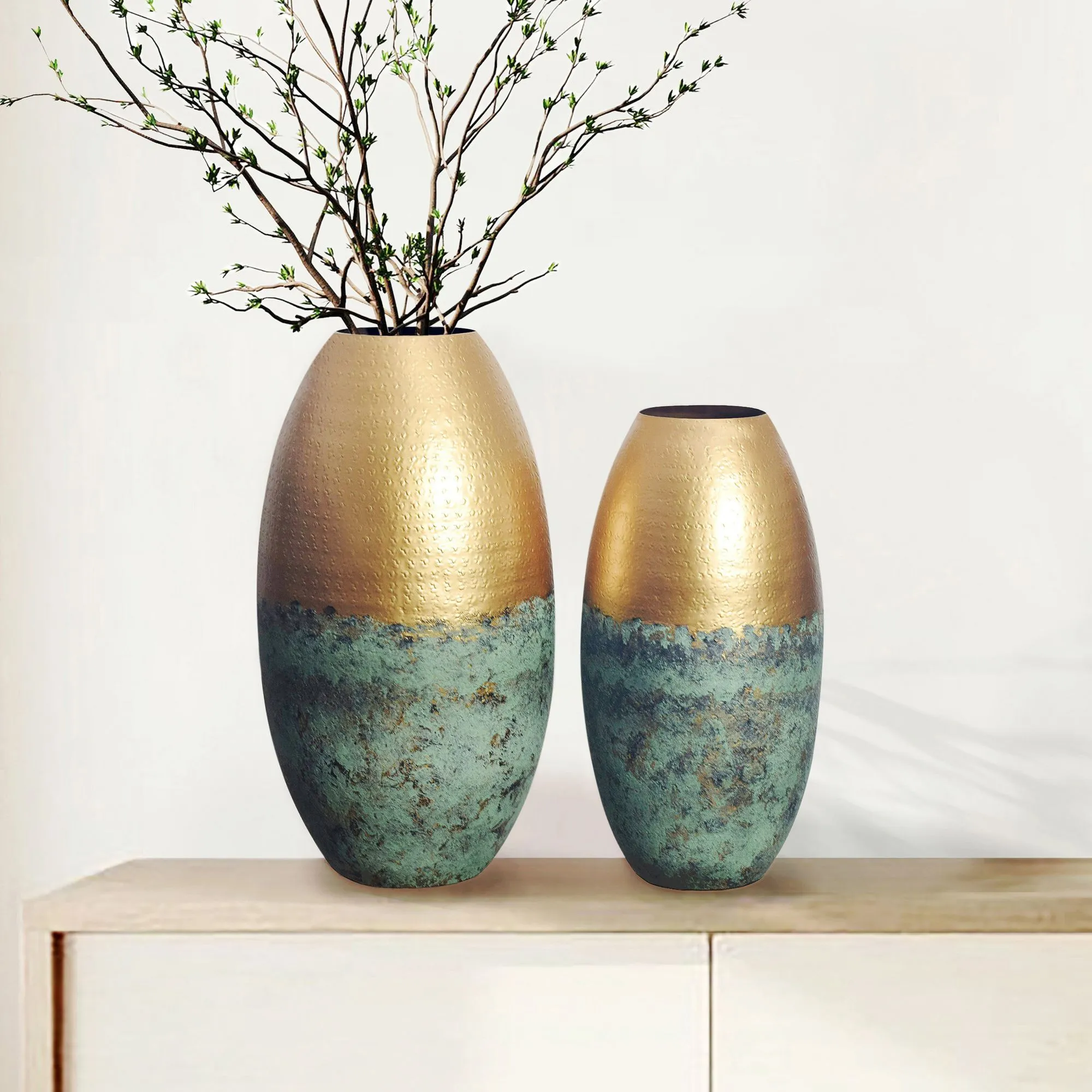 Deko Vase 2er Set Aluminium Gold Patina Blumenvase Modern