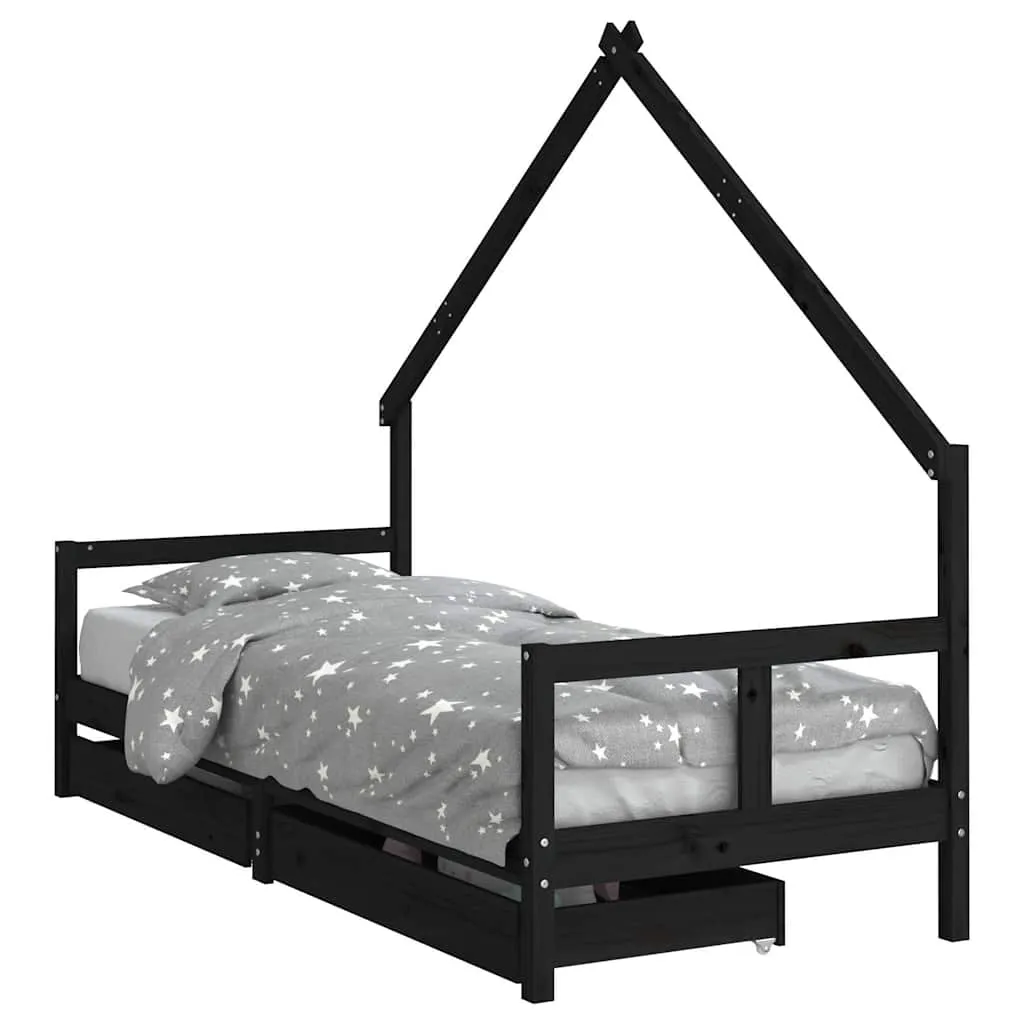 Kinderbett aus massivem Kiefernholz Schwarz 205,5 x 85,5 x 163,5 cm