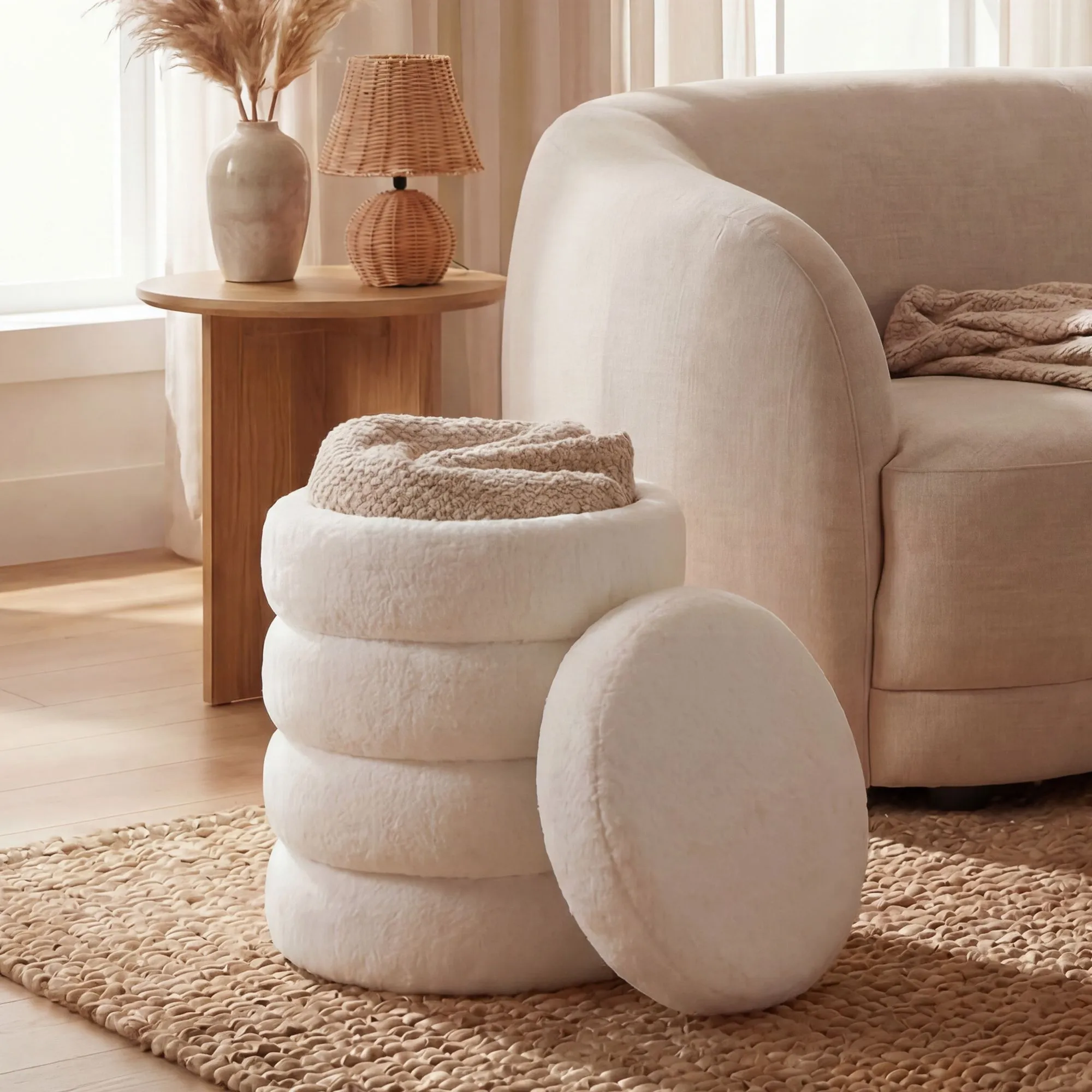 Sitzhocker mit Stauraum aus Teddy Stoff 40cm Creme Rund - Design Boho Stoffhocker mit abnehmbarem Deckel - Polsterhocker Schminktisch Hocker - Beistellhocker für Wohnzimmer Handmade