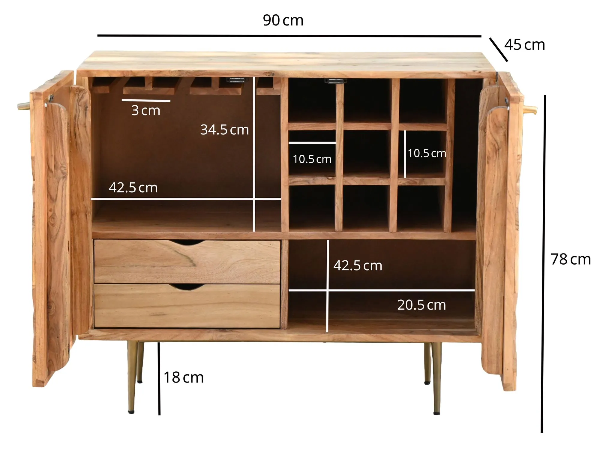 Barschrank Akazie Massivholz 90cm Natur mit Weinregal - Design Hausbar mit Glashalter - Weinschrank Holz mit Türen - Getränkeschrank Weinkommode Holz Bar Wohnzimmer Handmade