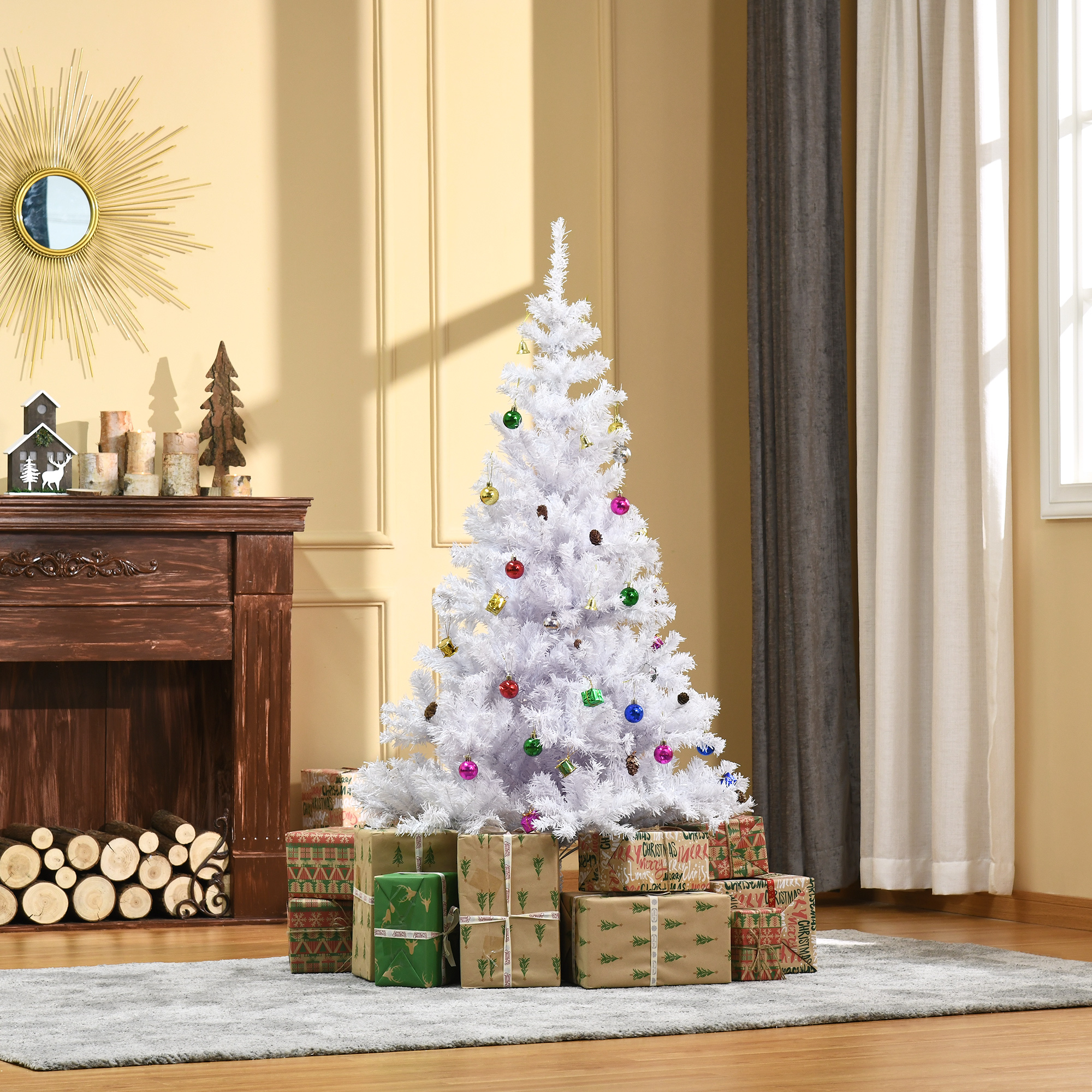 Künstlicher Weihnachtsbaum Weiß 150 cm mit Deko und Metallständer