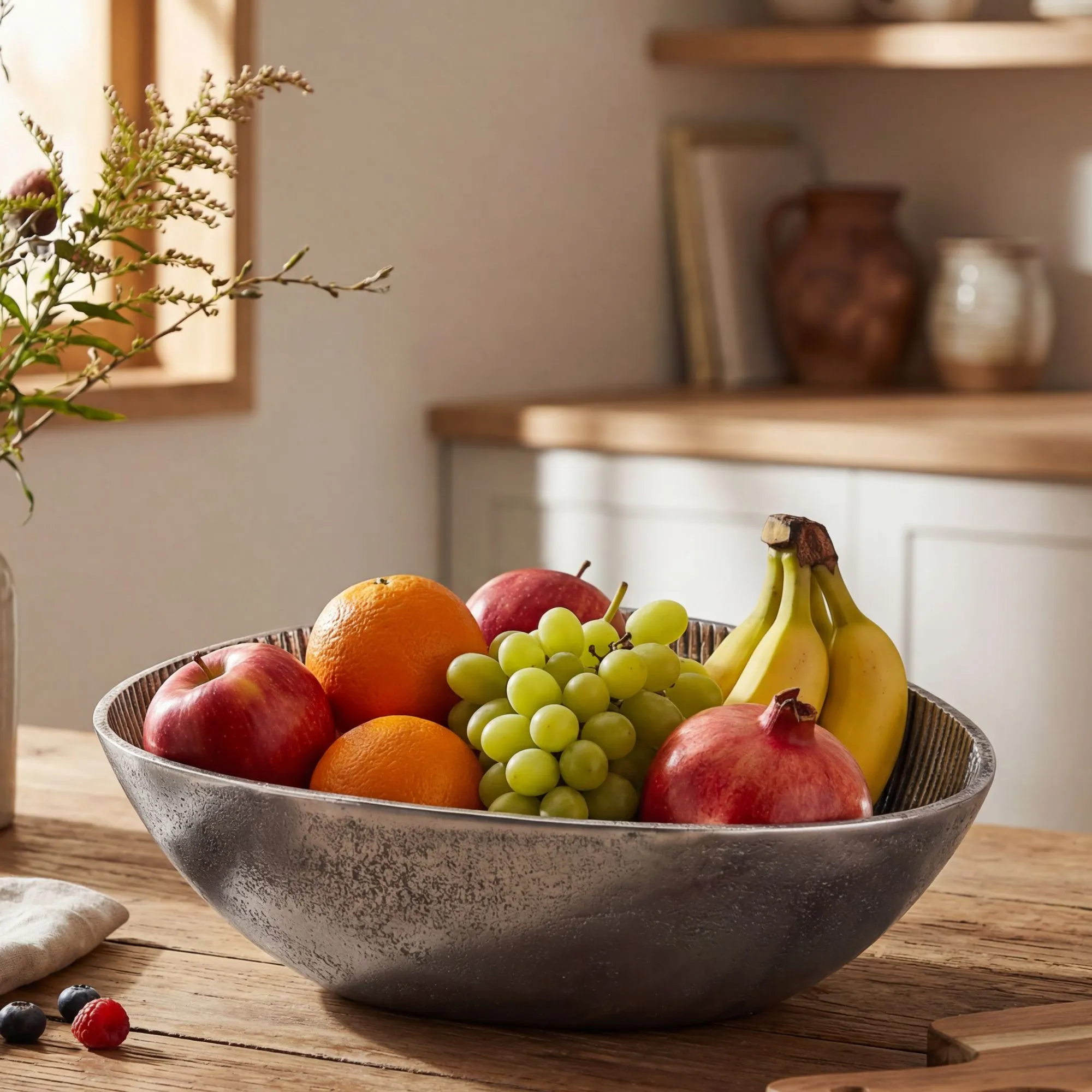 Obstschale Silber Schale Metall 30cm Tischdeko Oval - Moderner Obstkorb Rillen-Design aus Aluminium - Elegante Metallschale - Alu Früchteschale Handmade