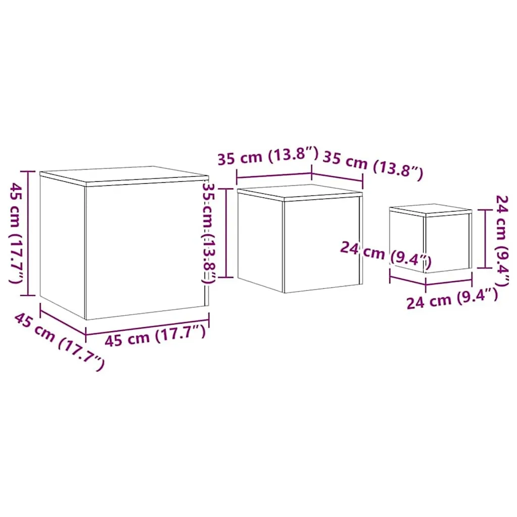 Beistelltische Set Sonoma-Eiche 45x45x45, 35x35x35 & 24x24x24 cm Massivholz