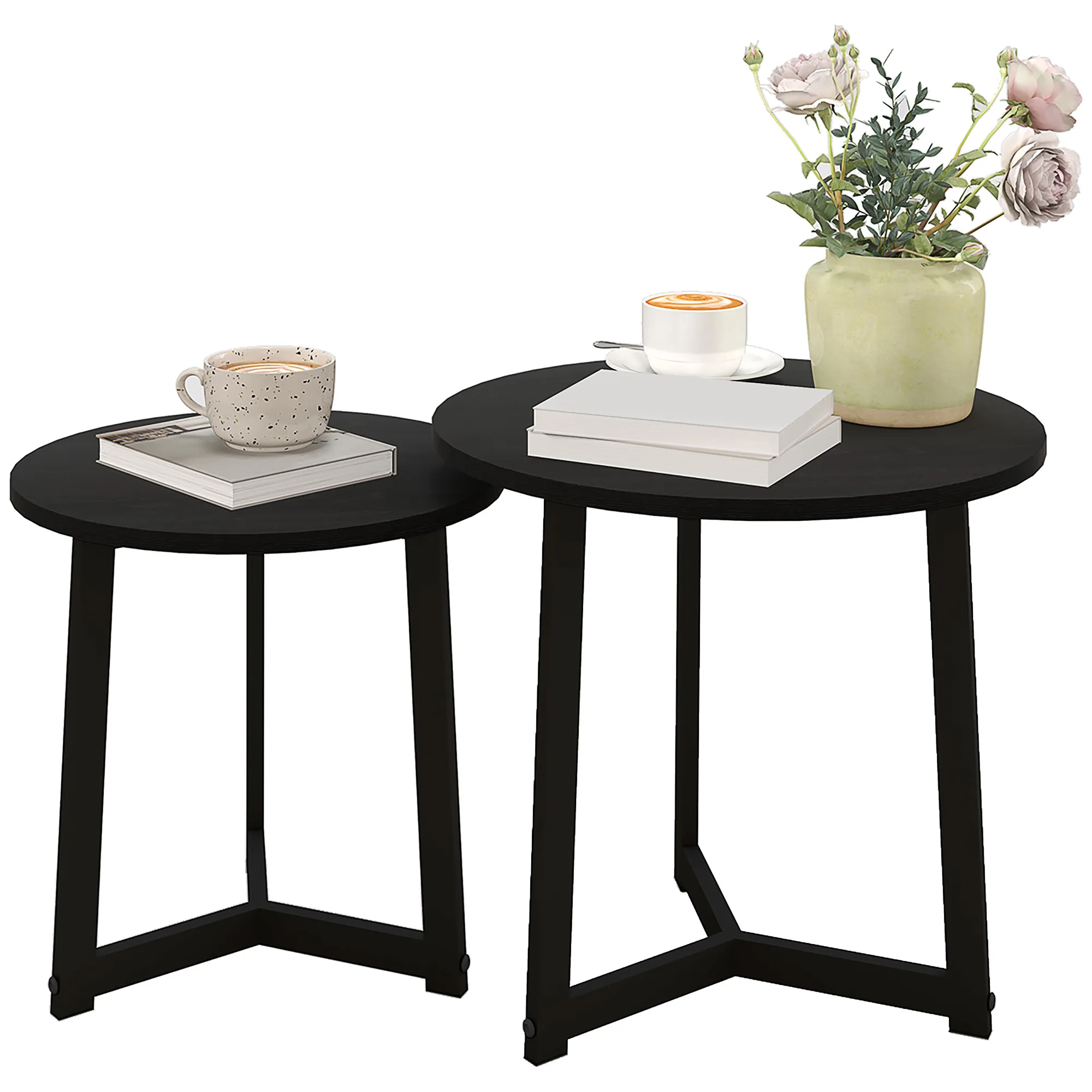 Moderner Couchtisch als 2er-Set, Metallrahmen, MDF, Rundes Design, ineinander verschiebbar, Schwarz