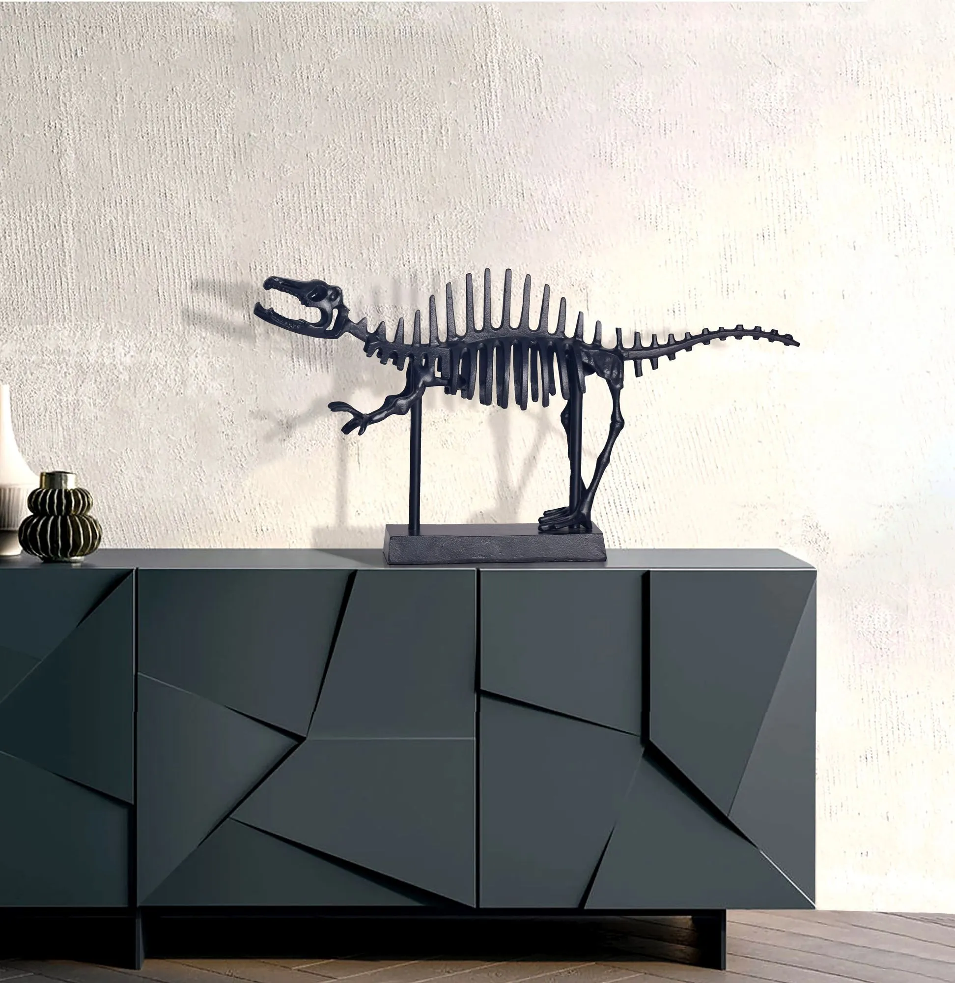 Dekofigur T-Rex Aluminium Schwarz Dino Statue 62 cm mit Sockel