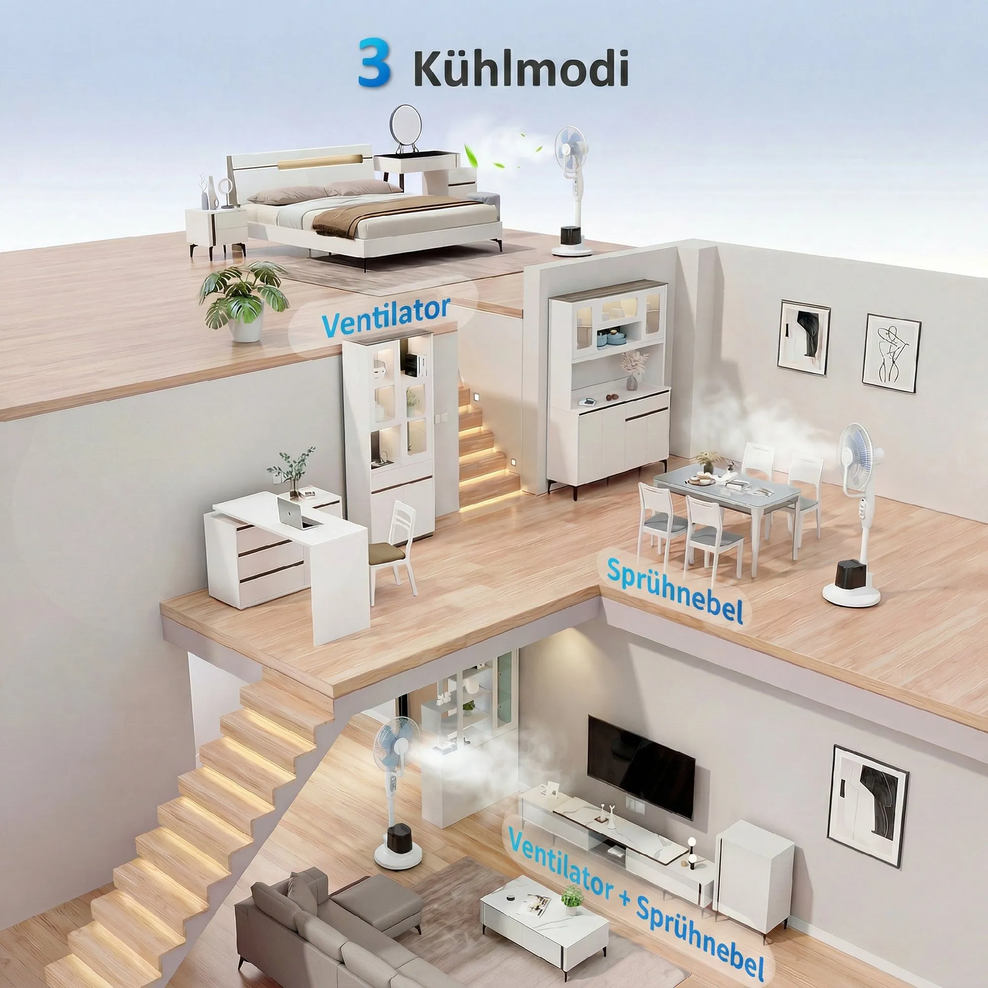 Stehventilator mit Sprühnebel, 70° Oszillation, 3 Geschwindigkeiten, 3 Modi, 3,5L Wassertank, Weiß