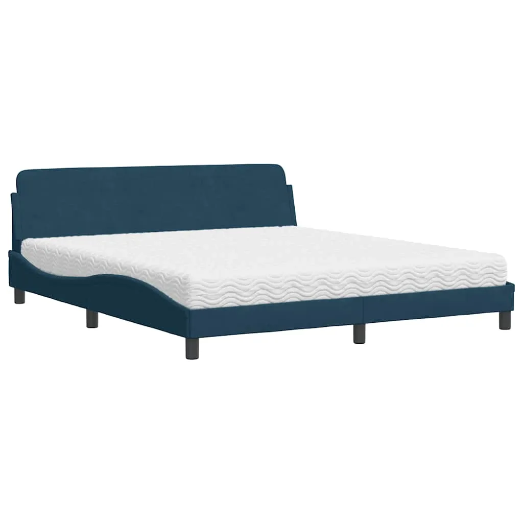 Blaues Samt-Bettgestell mit Schaumstoffmatratze 218x185x74,5 cm