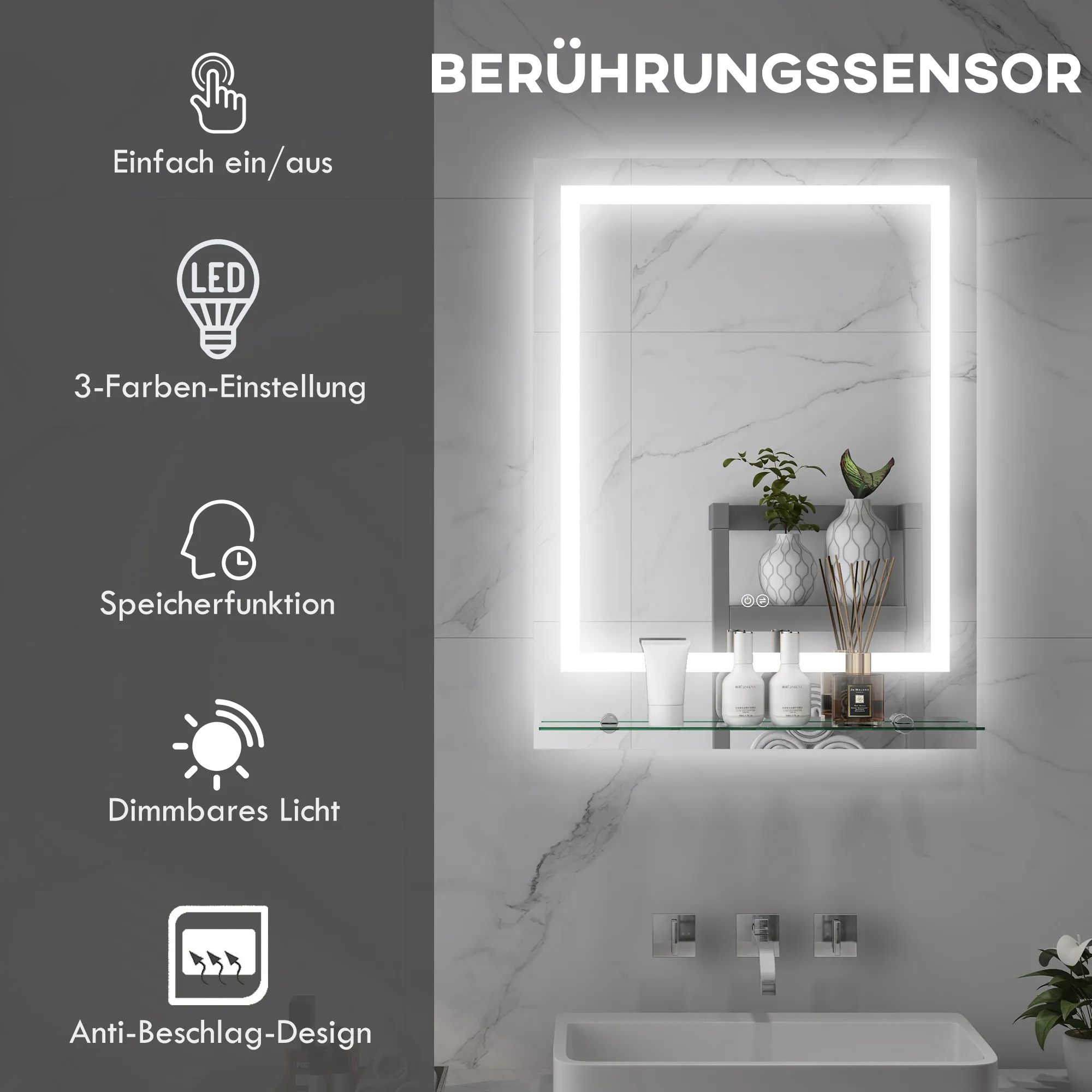 Badezimmerspiegel mit LED-Beleuchtung, 3 Lichtfarben, Antibeschlag-Funktion, verkabelt, 70 x 50 cm