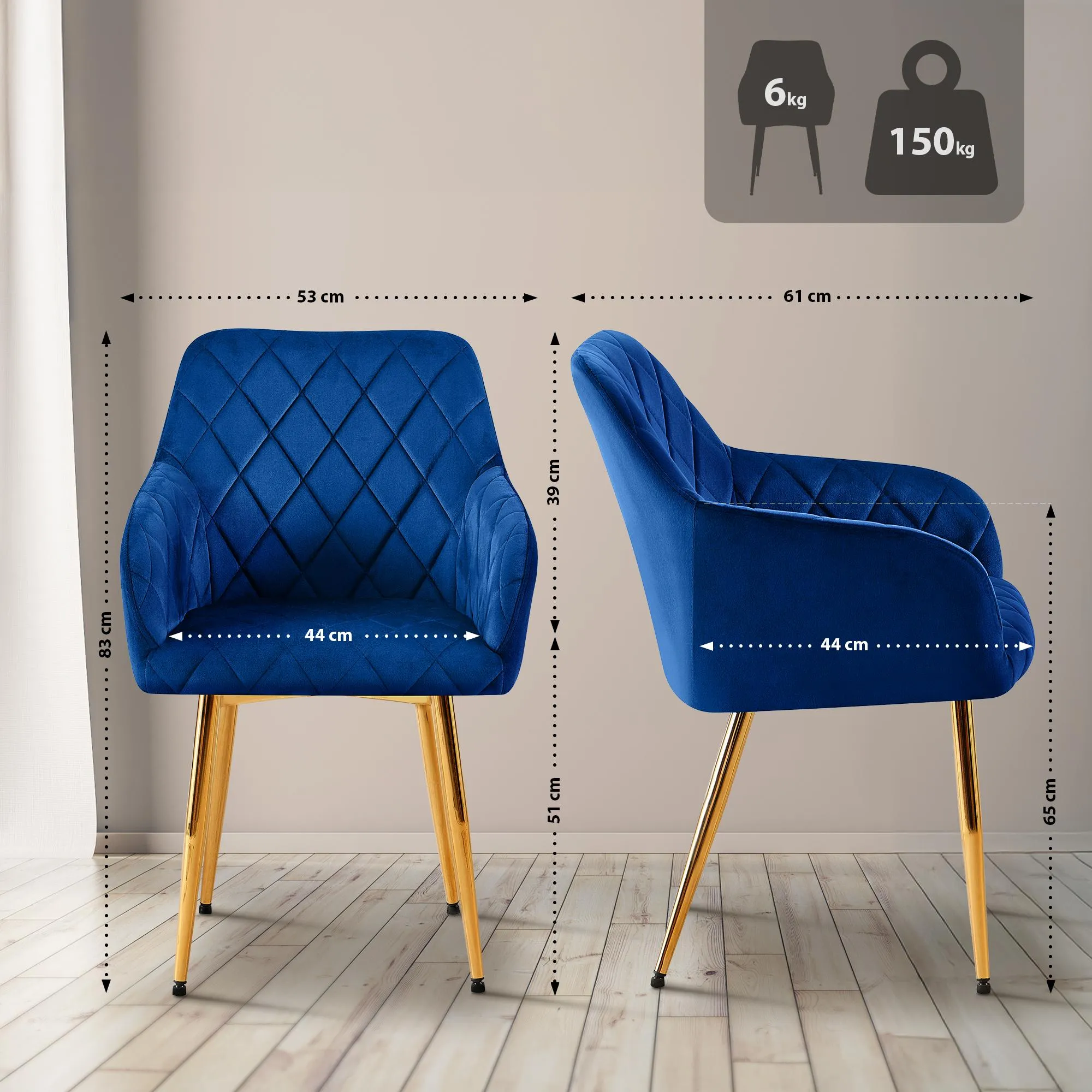 2er Set Esszimmerstühle Monett 83x53x61 cm dunkelblau