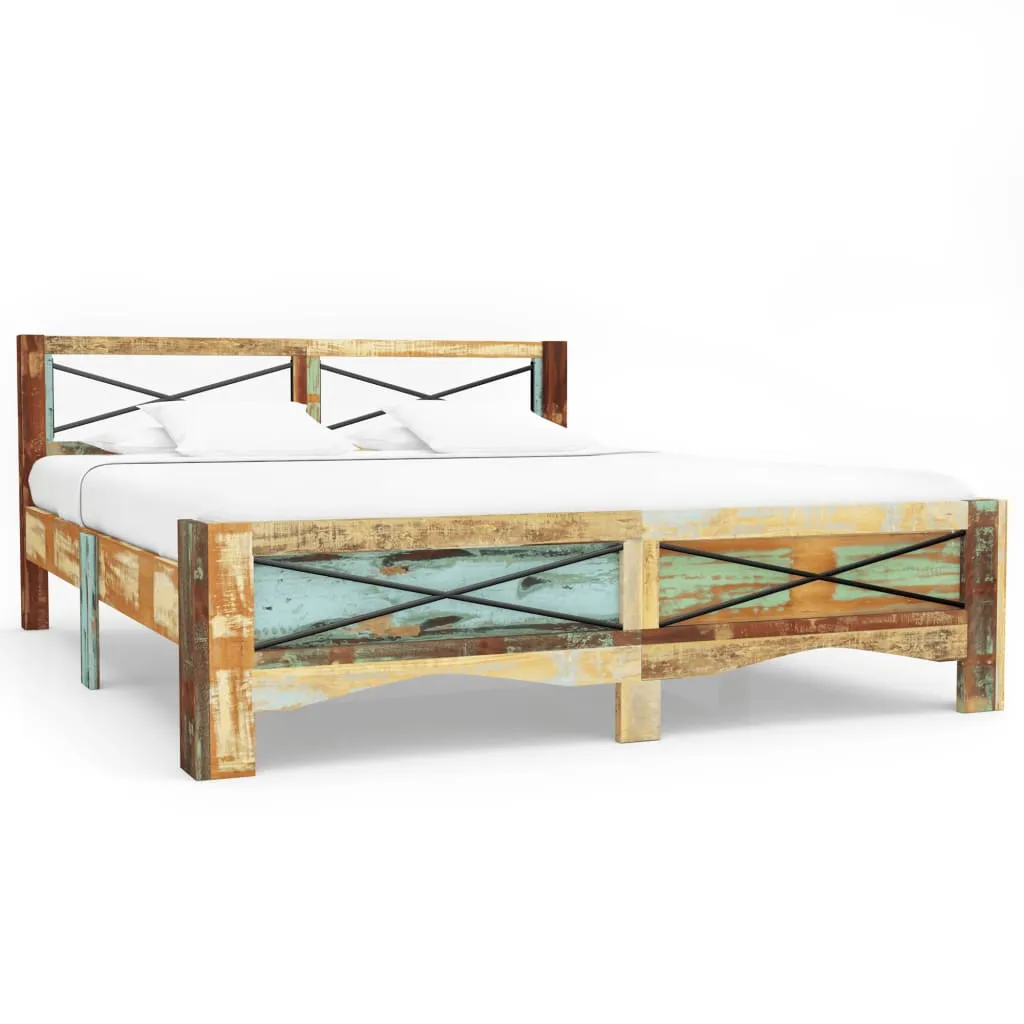 Vintage Bett aus massivem Altholz, 147 x 212 x 74 cm, poliert und lackiert