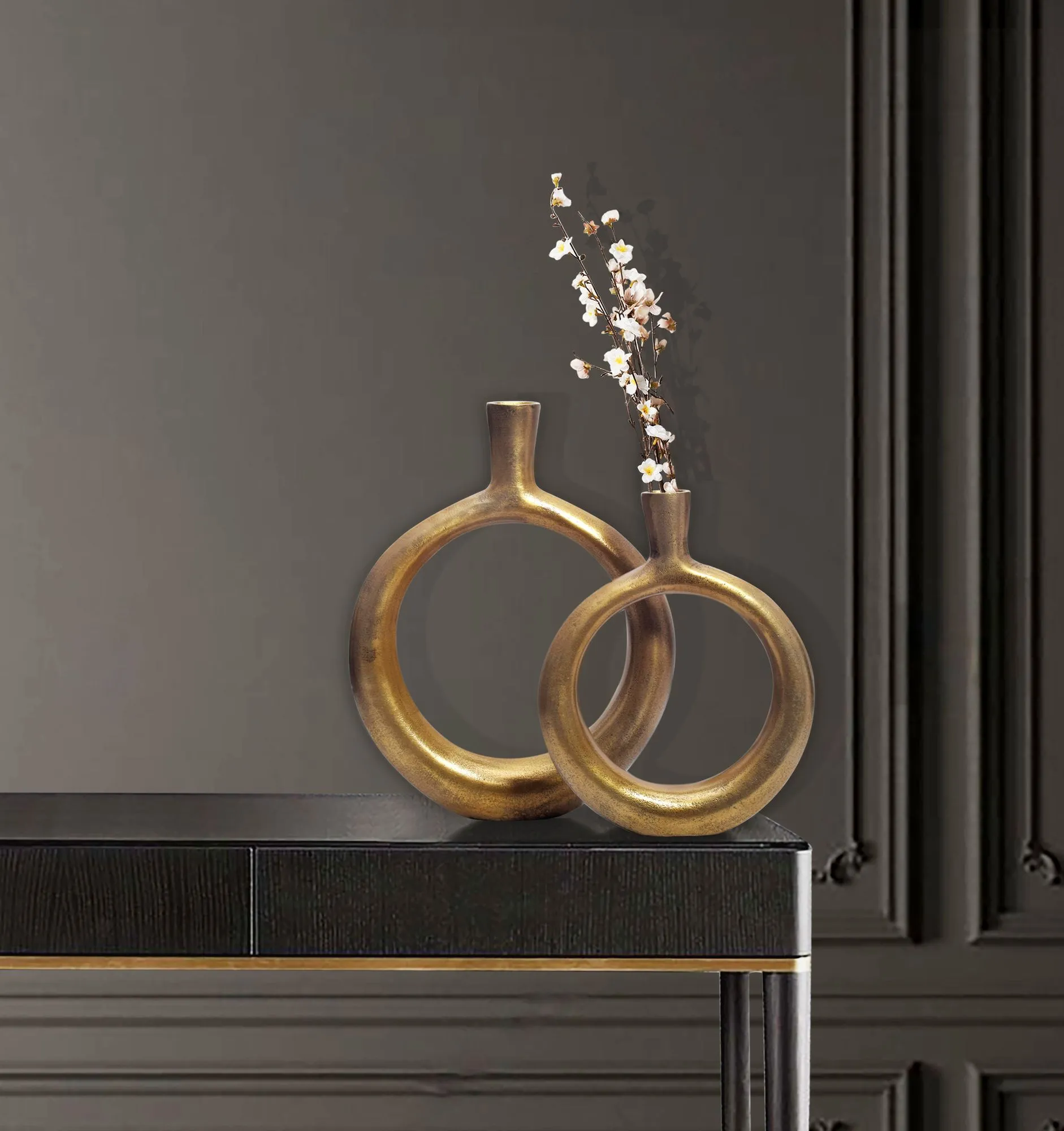 Deko Vase 2er Set Aluminium Gold Donut Blumenvase Modern