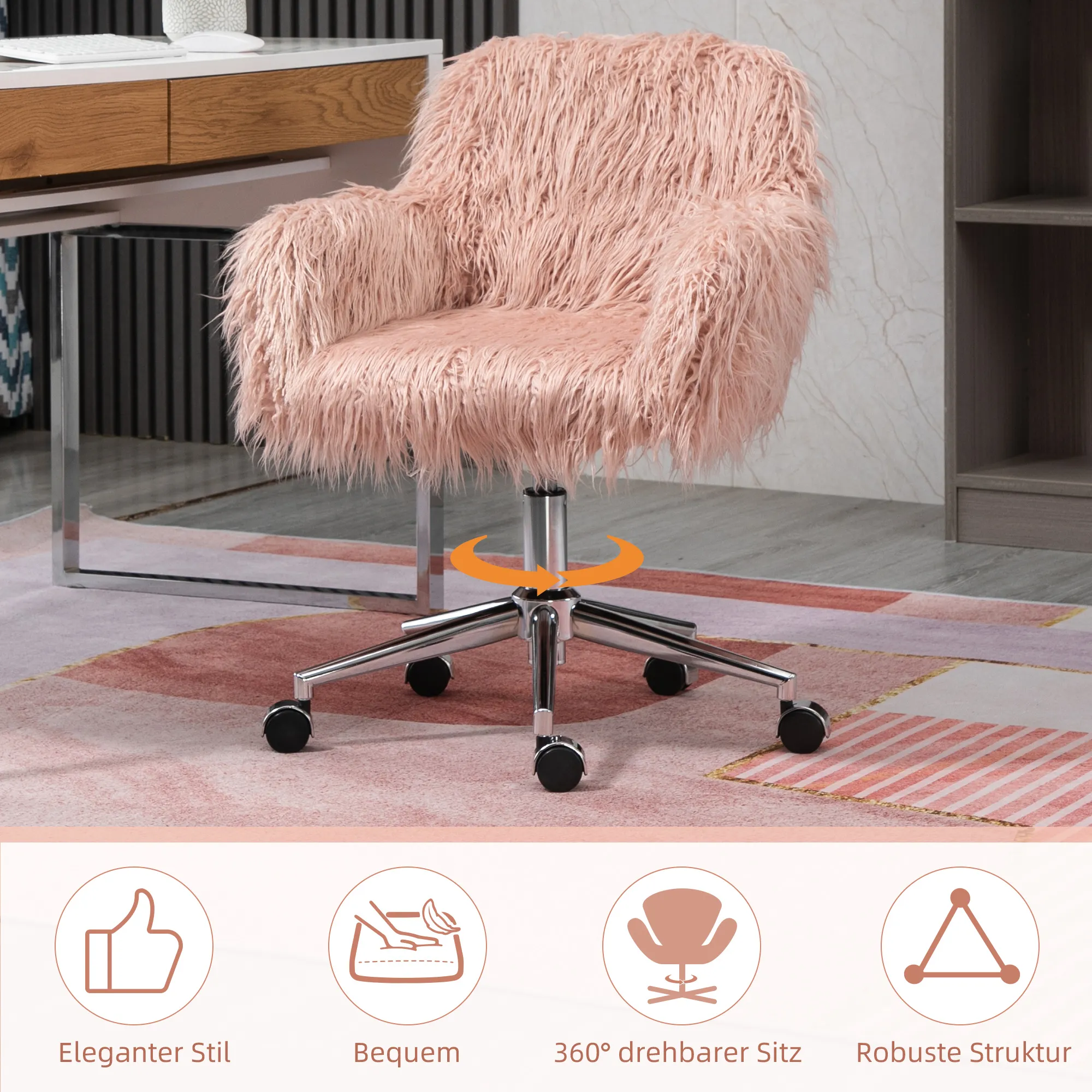 Chefsessel Drehstuhl Computerstuhl Schminkstuhl mit Kunstfell Sitzhöhenverstellung für Mädchen Kunstpelz Schaumstoff Rosa+Silber 57 x 60 x 75-85 cm