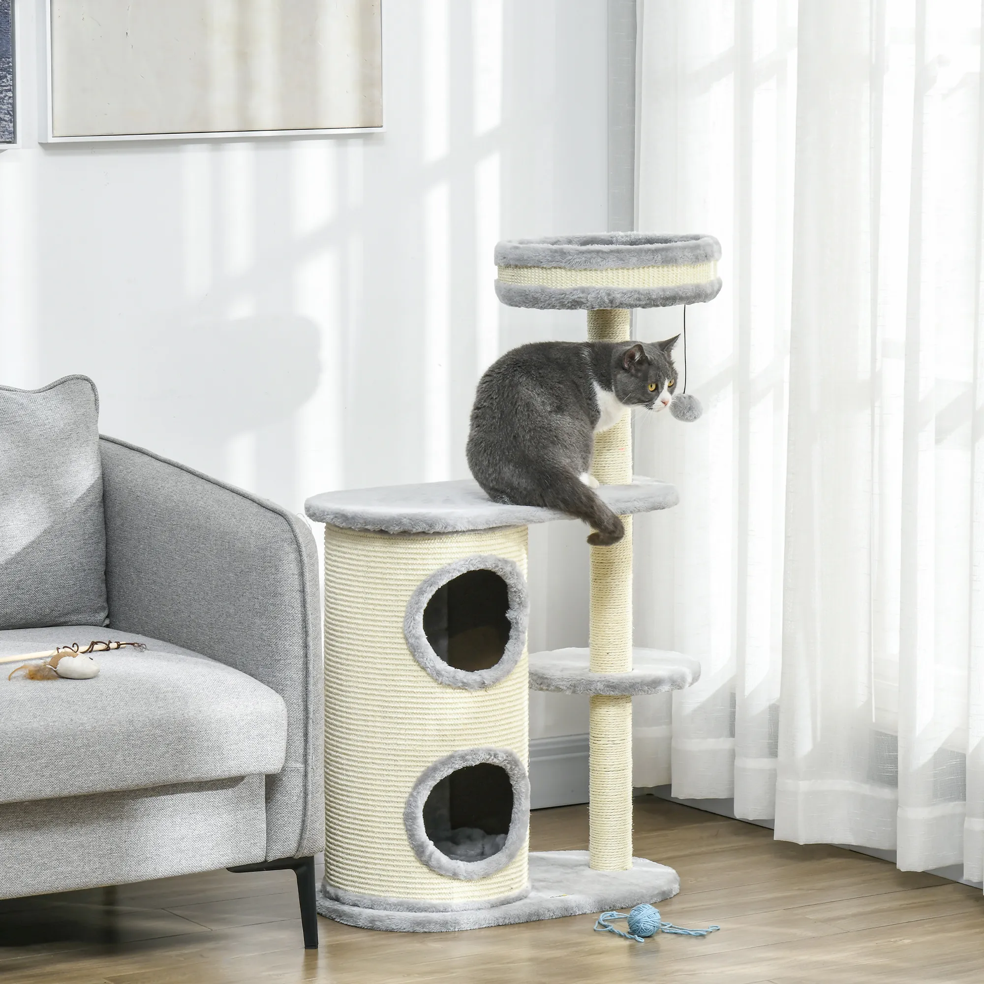 Katzenkratzbaum Grau 59L x 35B x 100H cm mit Katzenbett
