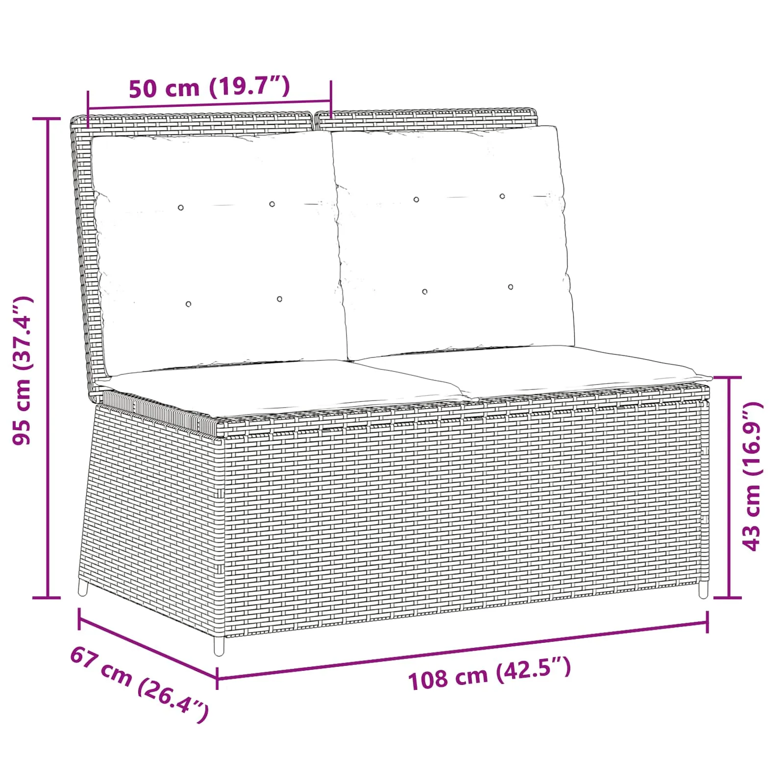 Reclining Gartenbank Poly-Rattan 110x67x95 cm Braun