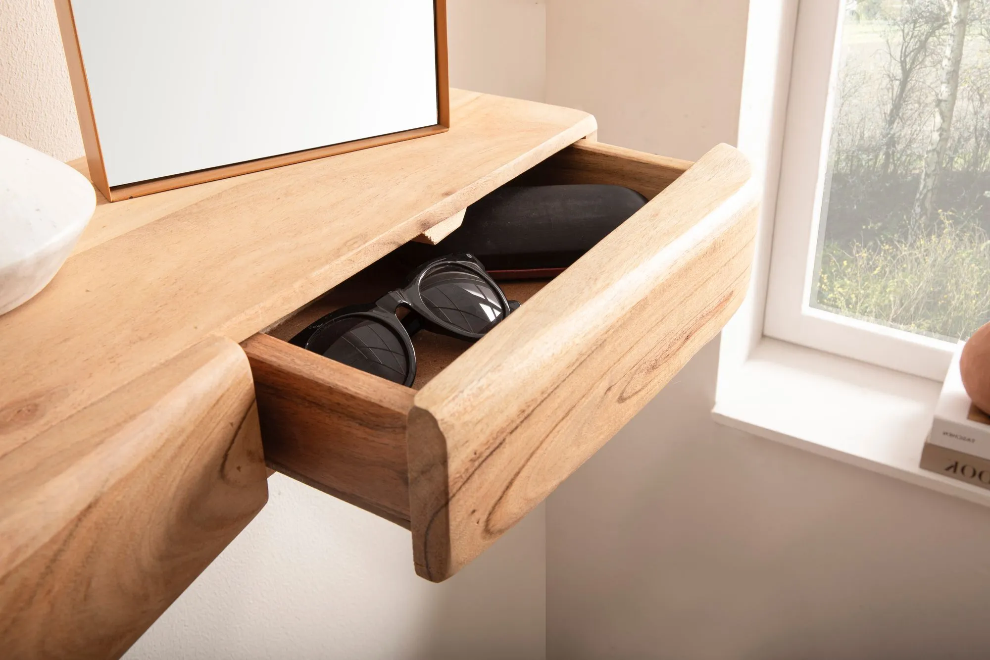 Wandregal Akazie Massivholz 100cm mit drei Schubladen - Design Regal für die Wand - Holz Wandboard mit Stauraum - Schwebendes Hängeregal aus Echtholz