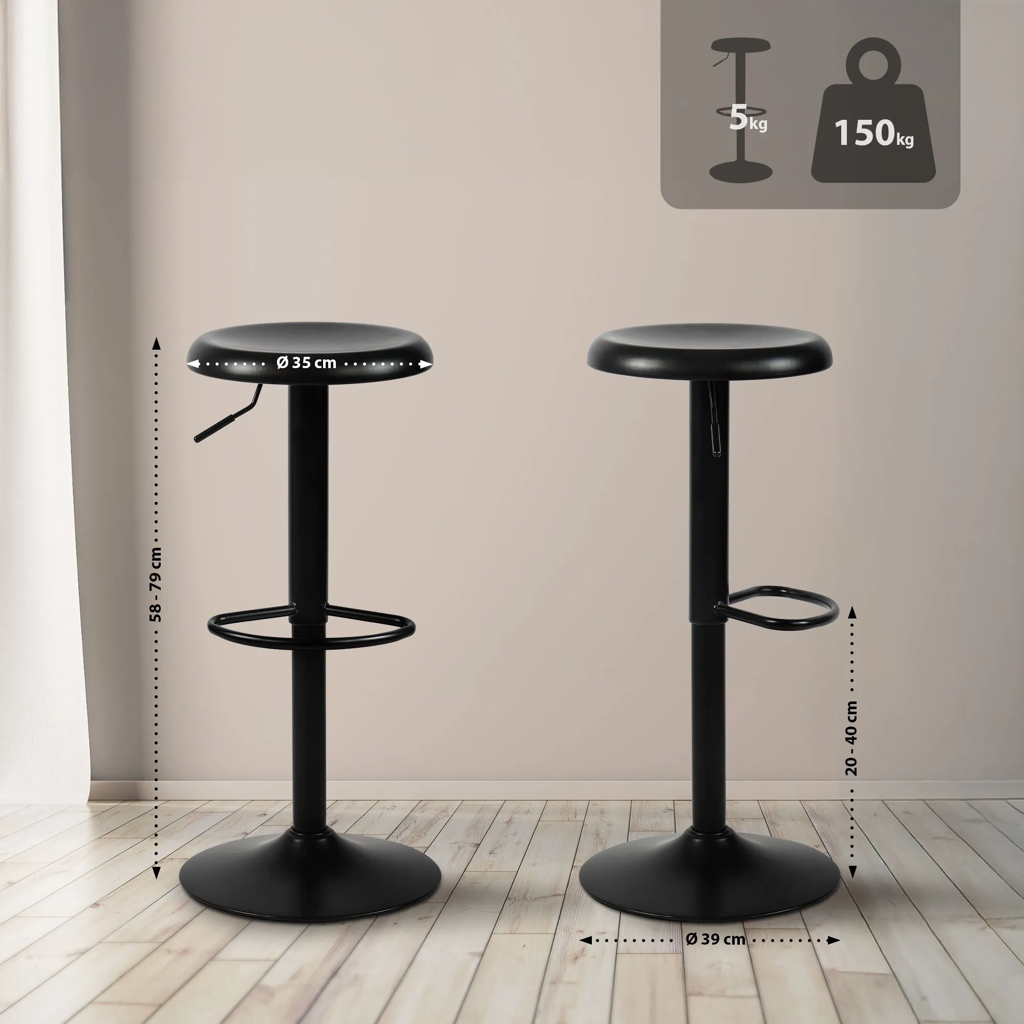Barhocker Williston 2er Set 58-78 cm schwarz