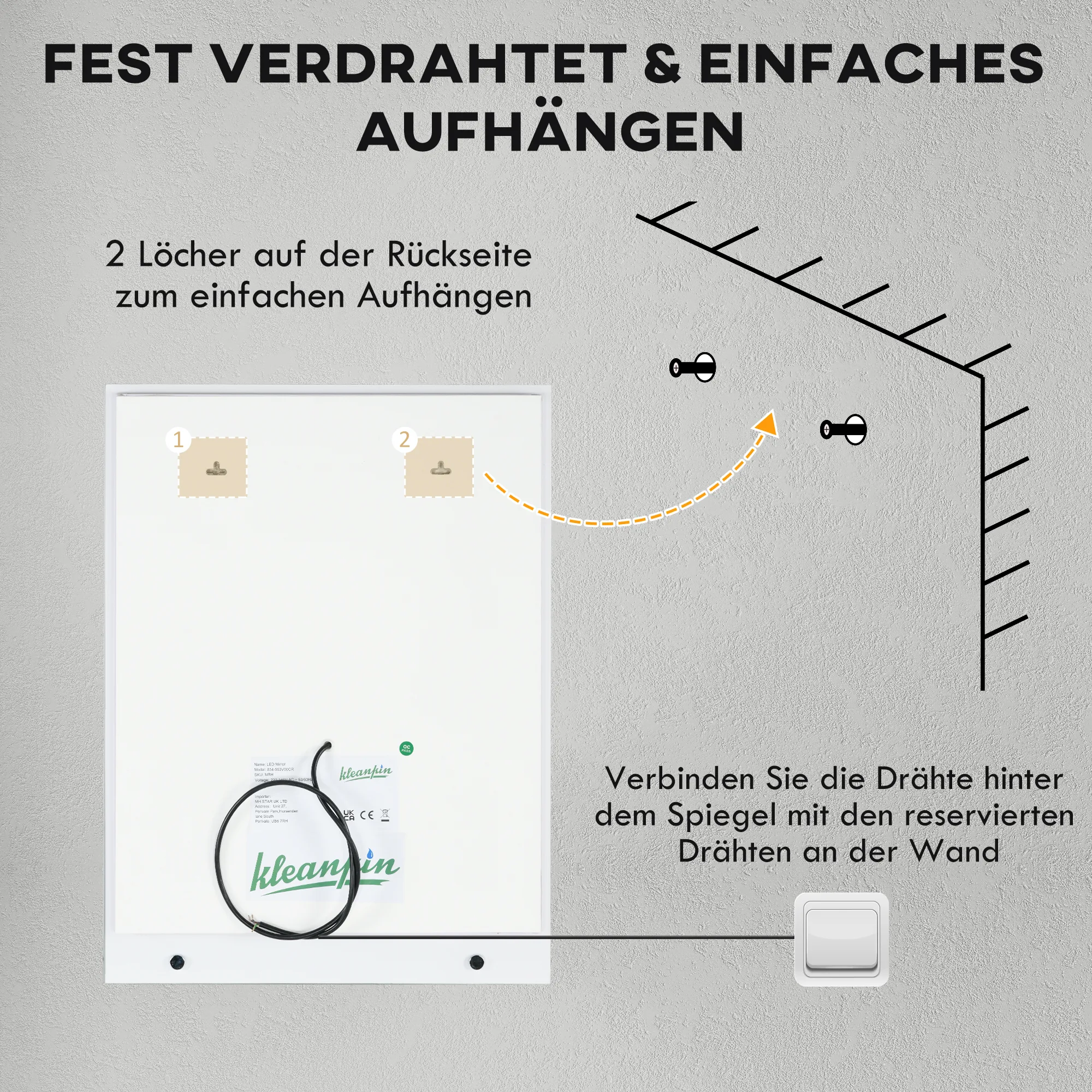 Badezimmerspiegel mit LED-Beleuchtung, 3 Lichtfarben, Antibeschlag-Funktion, verkabelt, 70 x 50 cm