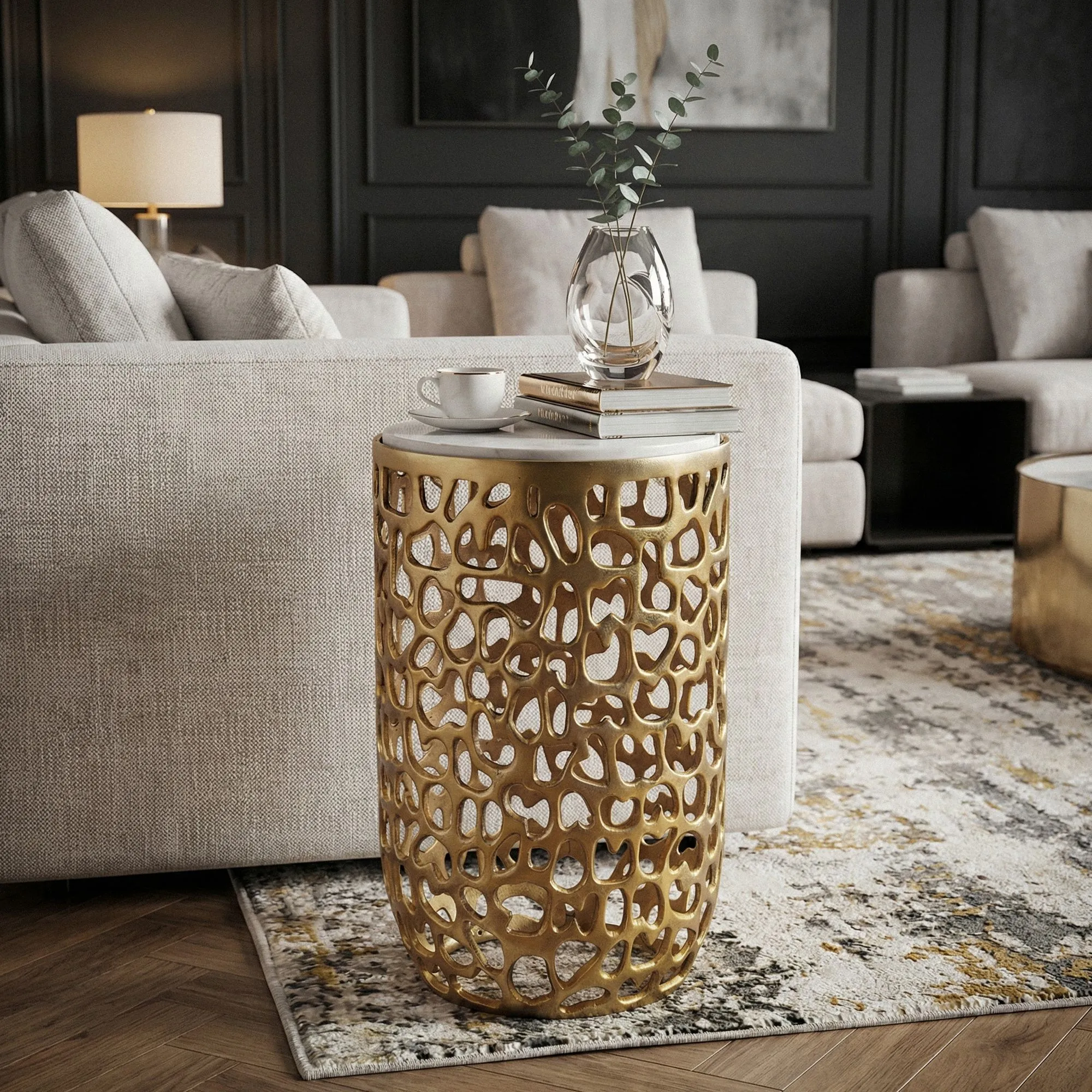 Beistelltisch Aluminium gold rund 30cm – Anstelltisch mit Marmor Tischplatte – Design Metall Couchtisch für Wohnzimmer – runder Wohnzimmertisch modern – Dekotisch Handmade Sofatisch