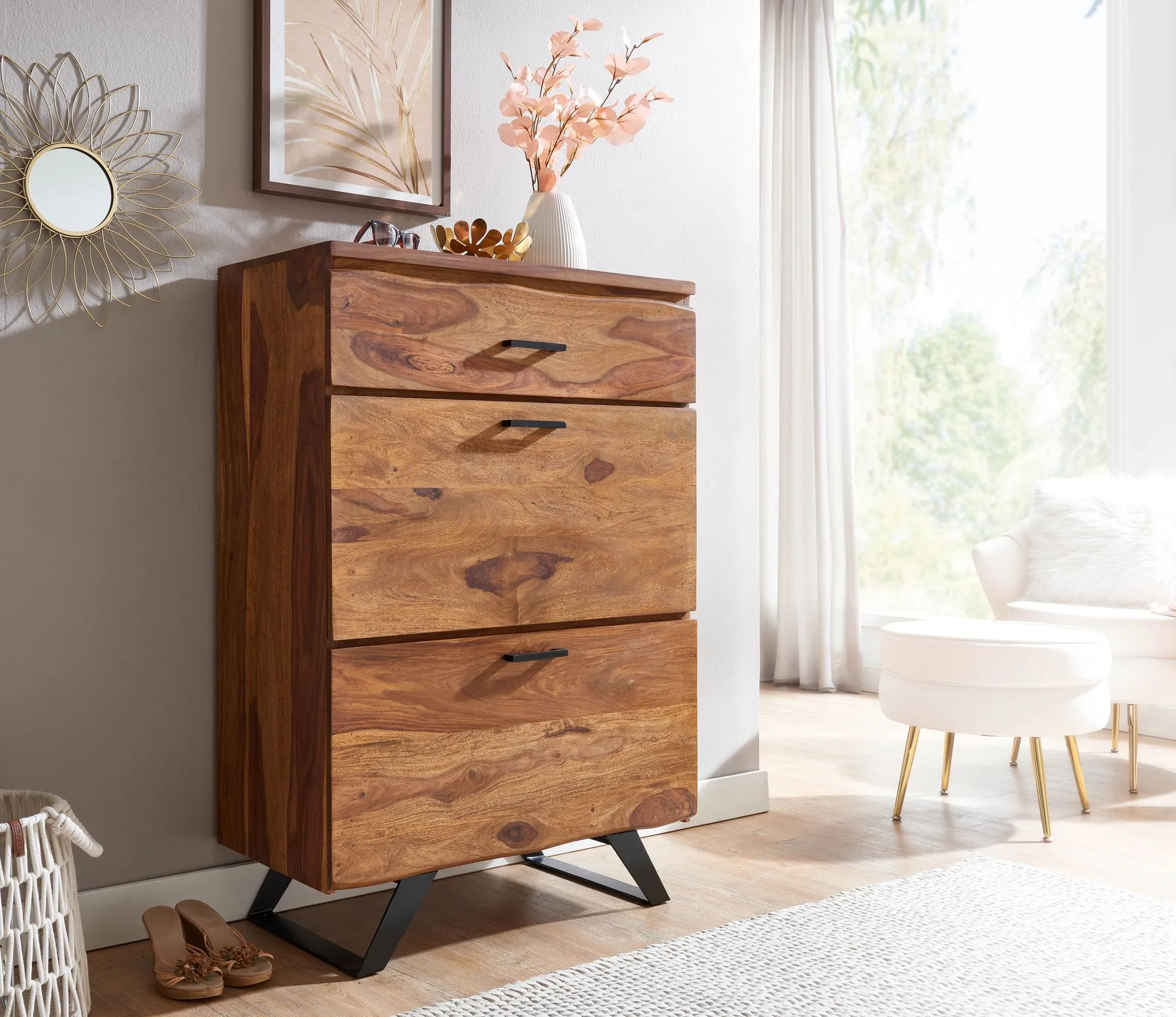 tinkaro Kommode BLEND Sheesham Massivholz / Metall Flurkommode Natur