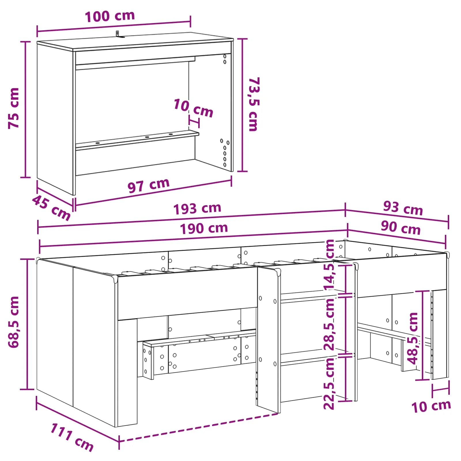 Hochbett mit Schreibtisch 193 x 111 x 68,5 cm Räuchereiche