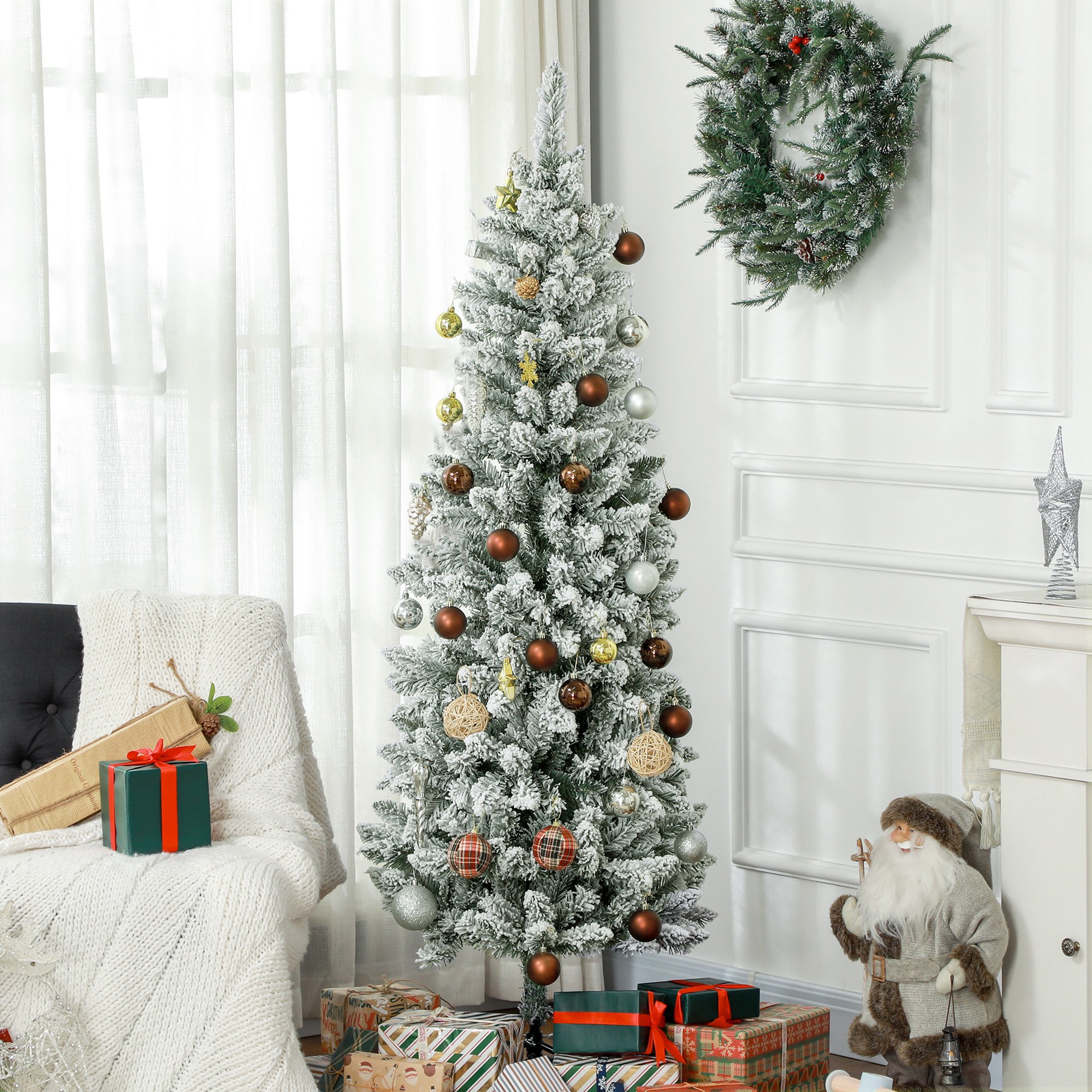 Künstlicher Weihnachtsbaum mit Kunstschnee, schlank, 183 cm, Grün