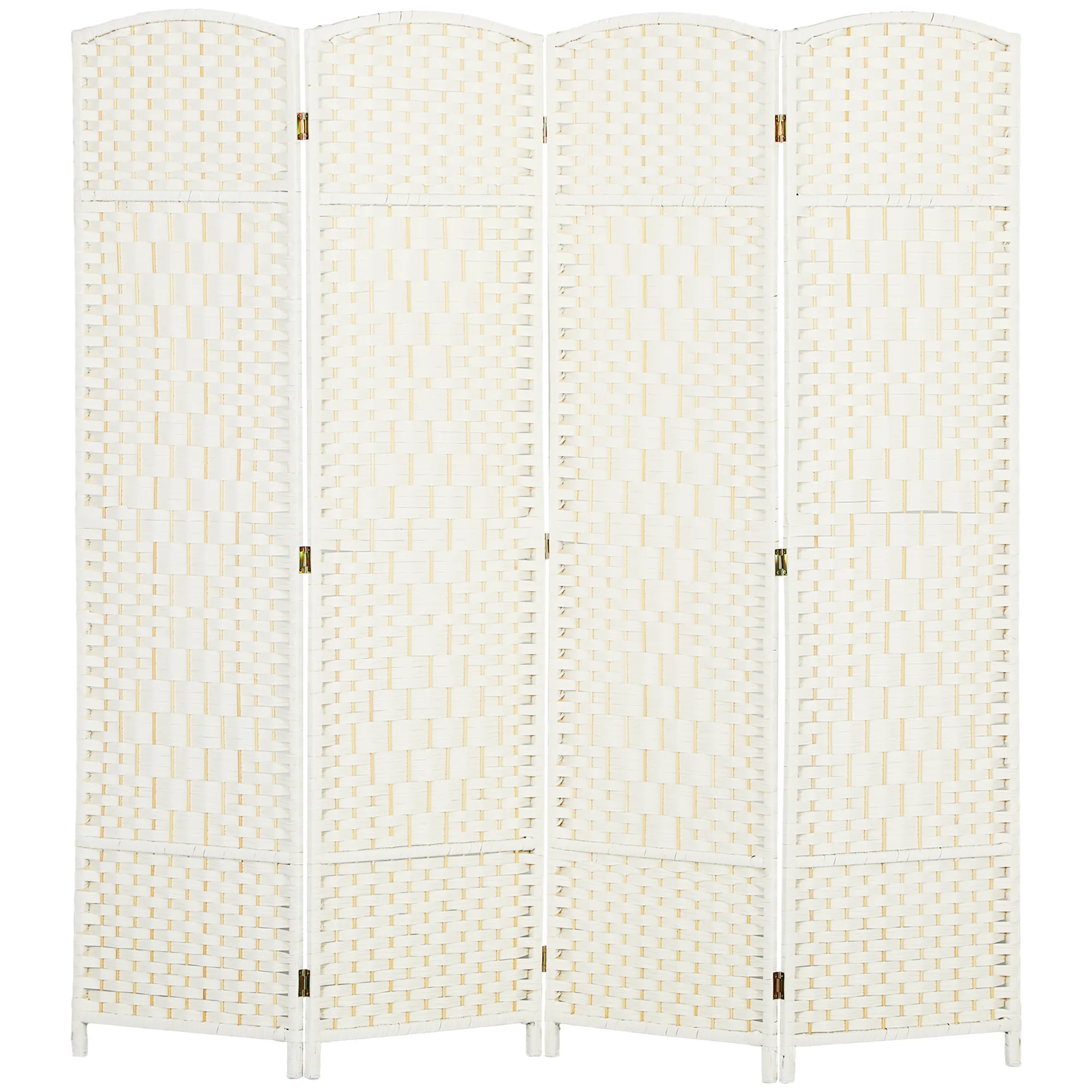 Raumteiler, 4-teilig faltbare Trennwand, Geflechtmuster, Kiefernholz, Weiß