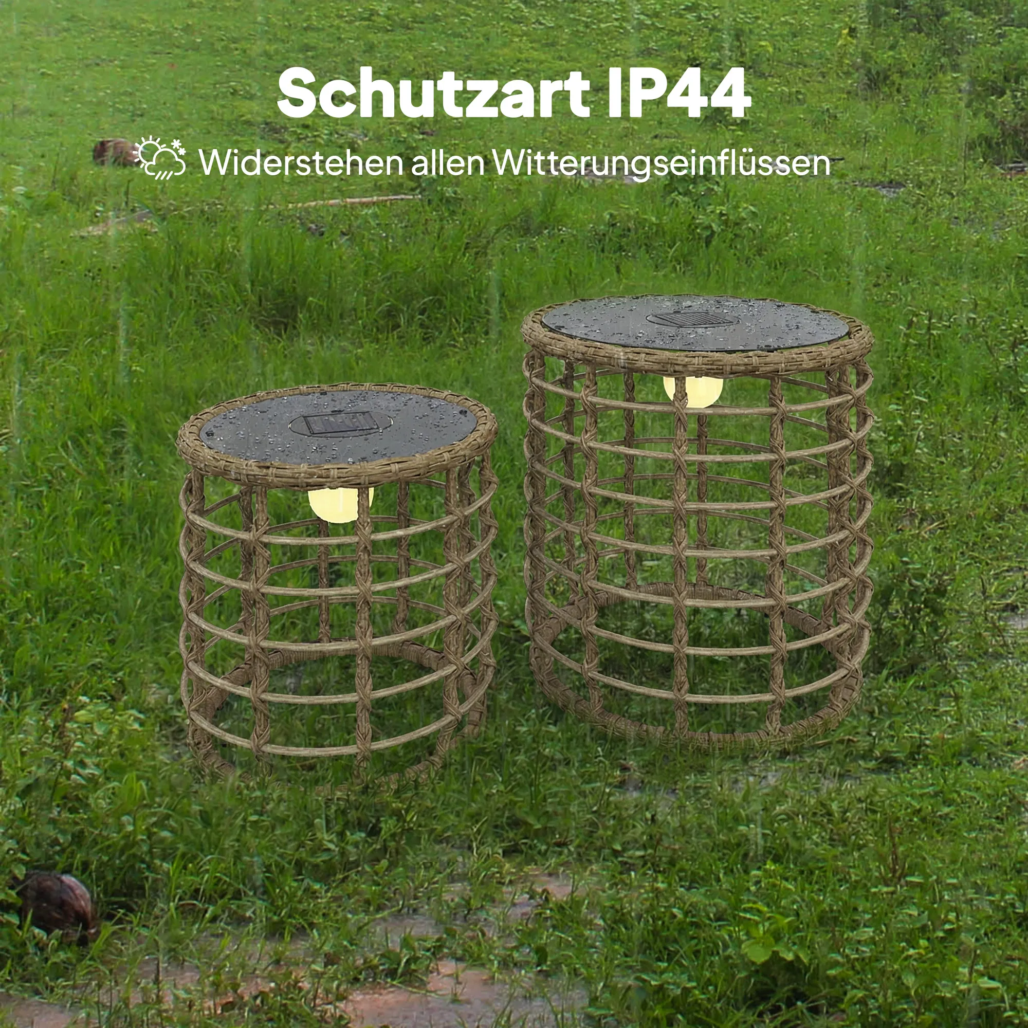 Solar Stehlampe 2er Set Rattan Boho-Stil Sand Schwarz IP44