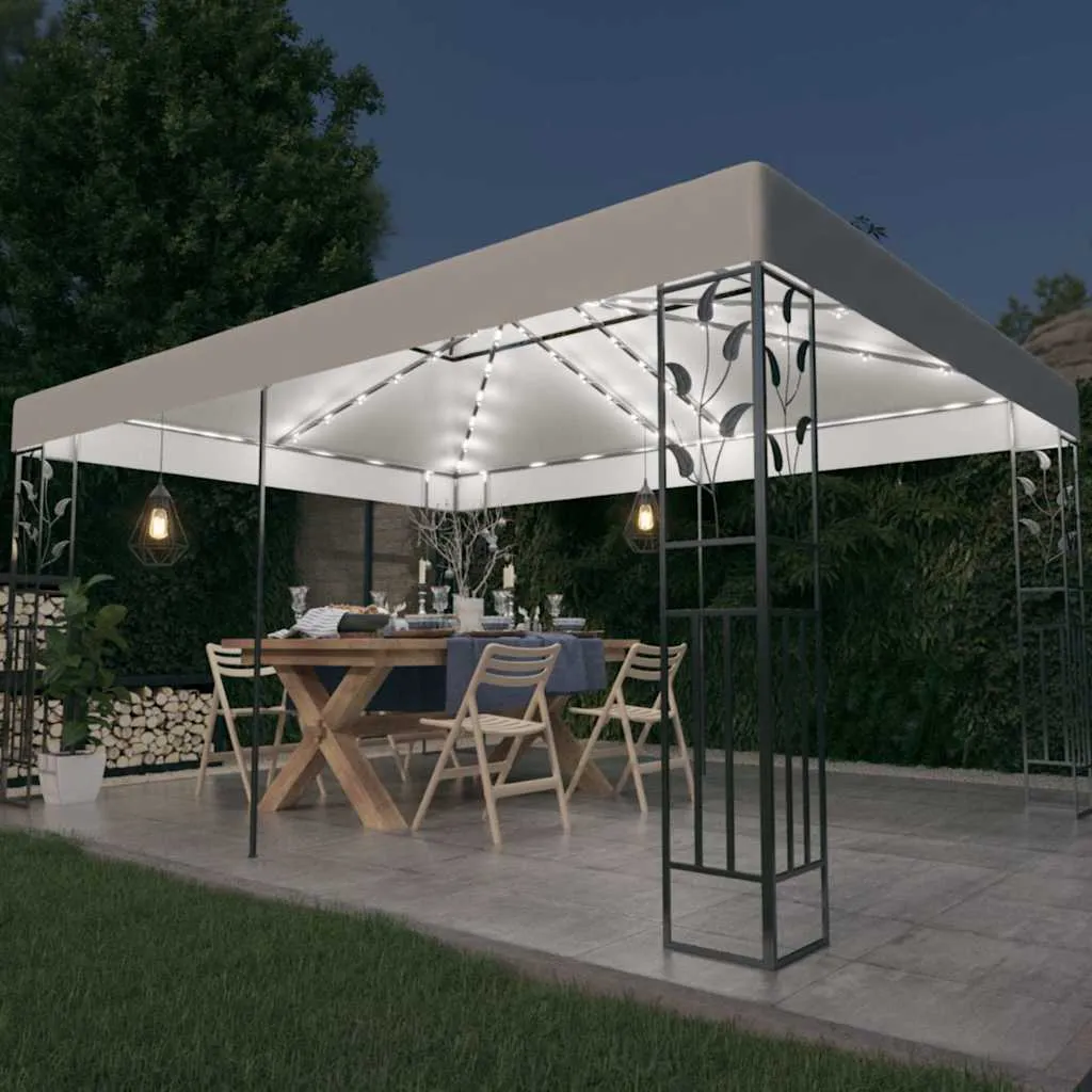Weißer Pavillon 3 x 4 m mit doppeltem Polyesterdach und Solar-Lichterkette