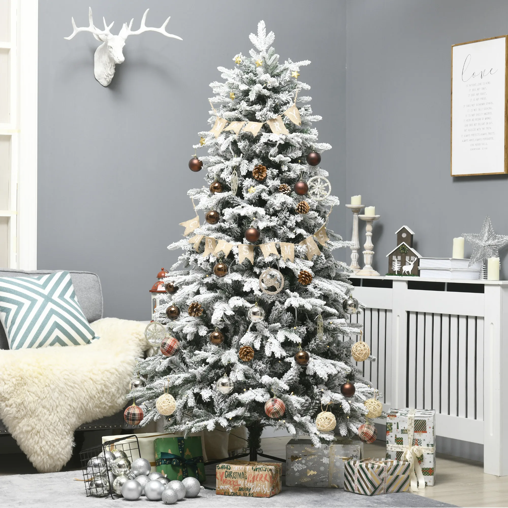 Künstlicher Weihnachtsbaum, Christbaum, inkl. Kunstschnee, LED-Lichter, 180 cm, Grün + Weiß