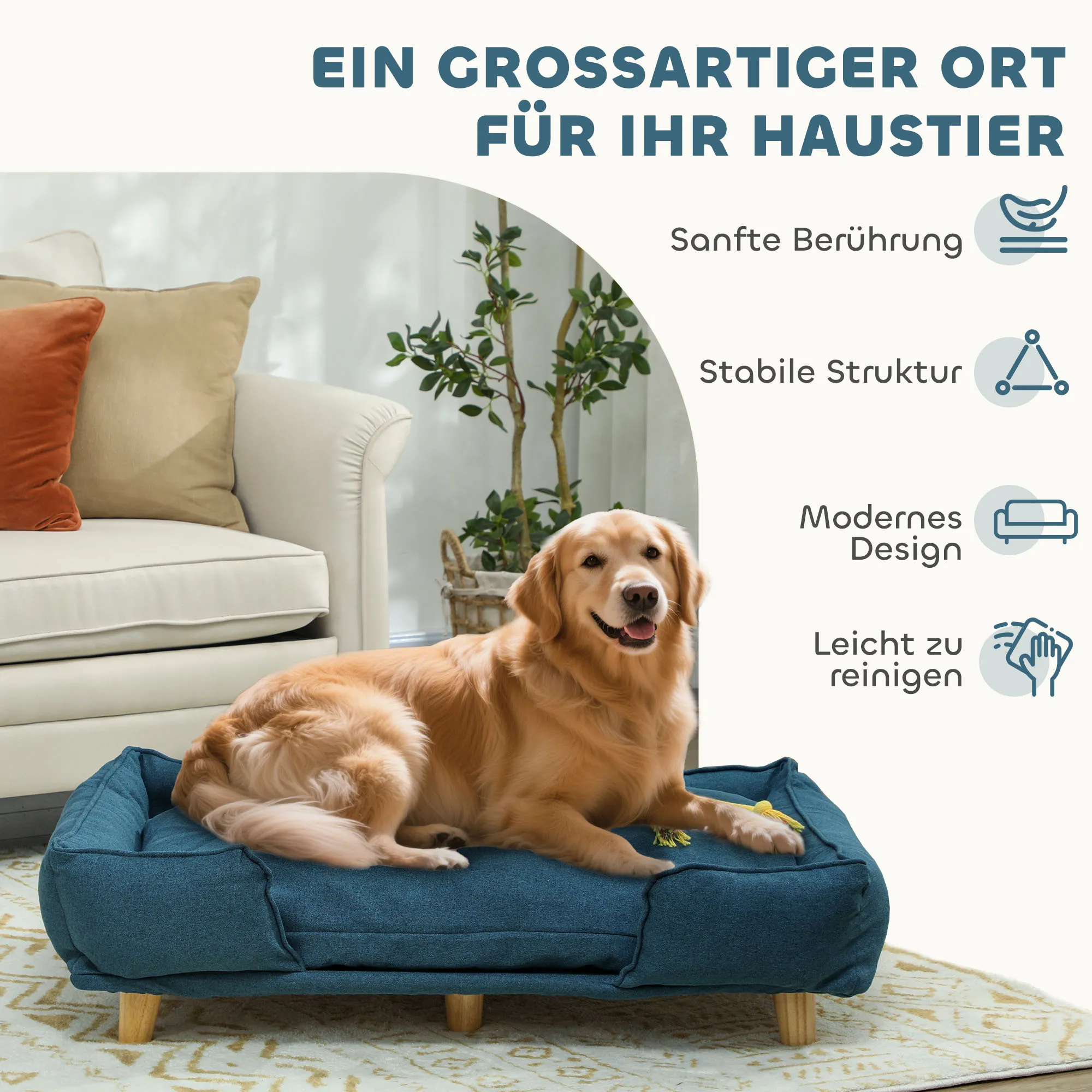 Hundesofa, Haustiersofa, Haustierbett, abnehmbares u. waschbares Polster, Natur+ Dunkelblau