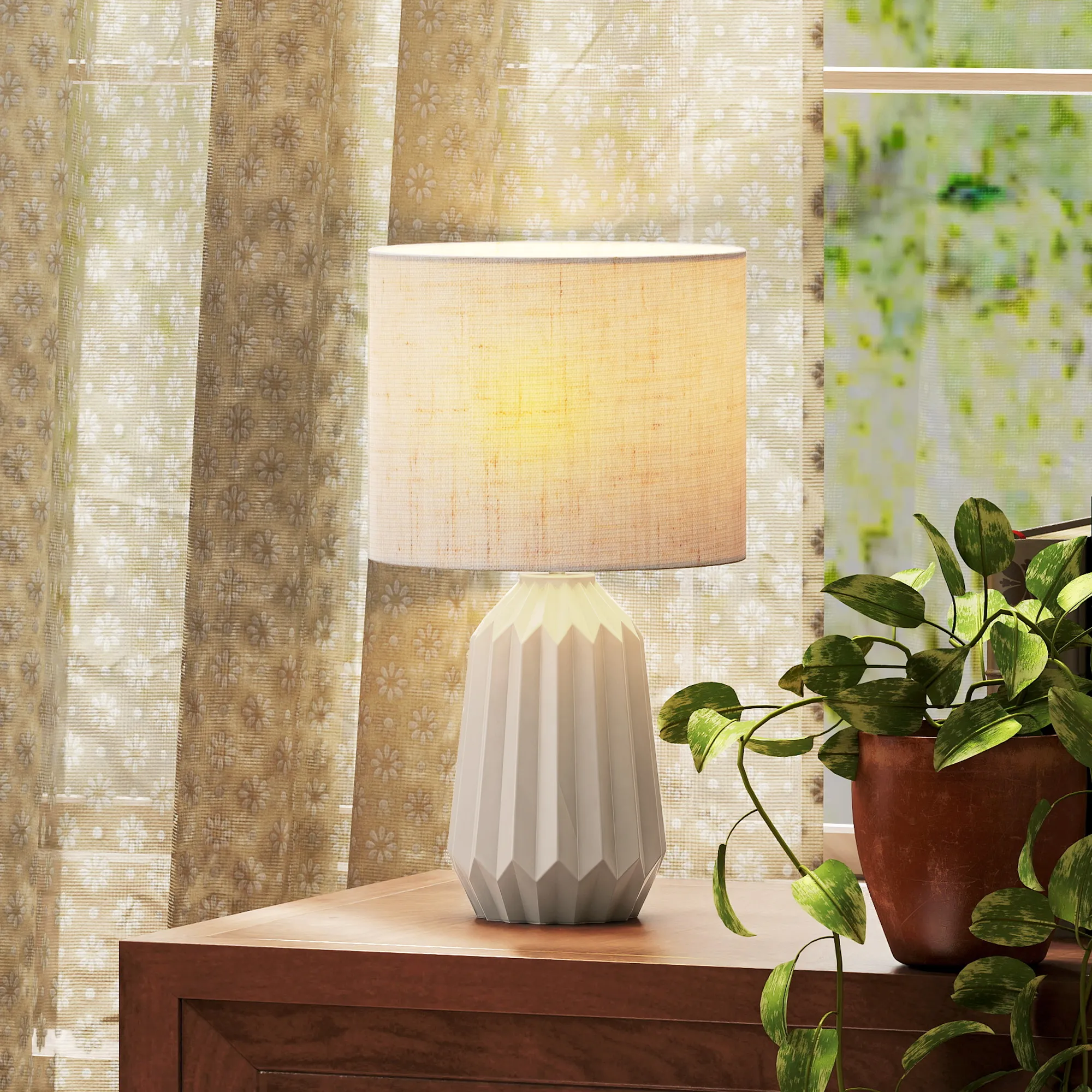 Tischlampe Nachttischlampe Keramik Leinen Beige 22x22x39 cm